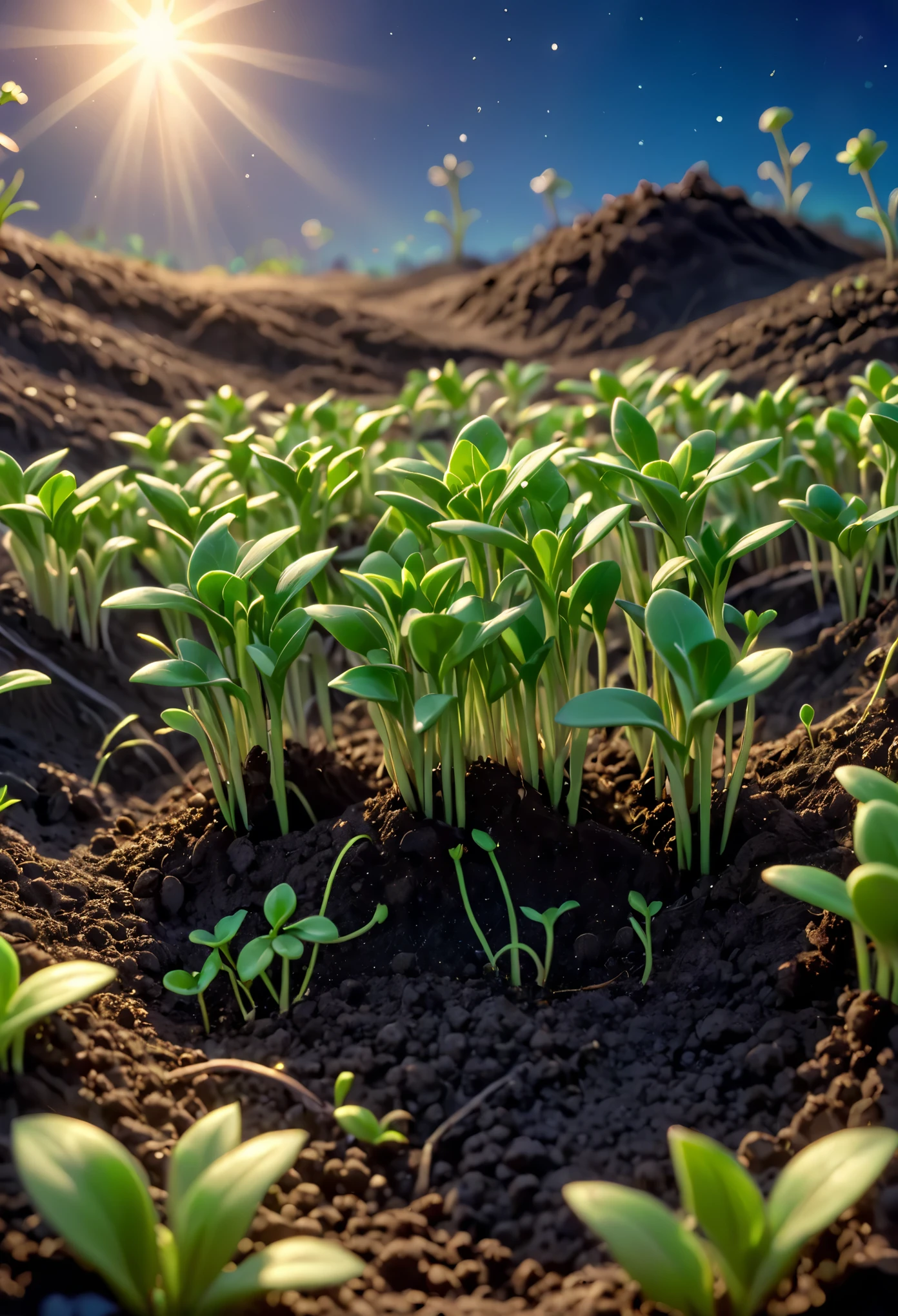 Night falls again, revealing the first signs of magic. Tiny green sprouts push through the soil, each glowing faintly with a soft, inner light. high quality, masterpiece,comic,cinmatic,anime,3dd, fantasy, sunlight, blue light, sunset, soft light. Disney style
