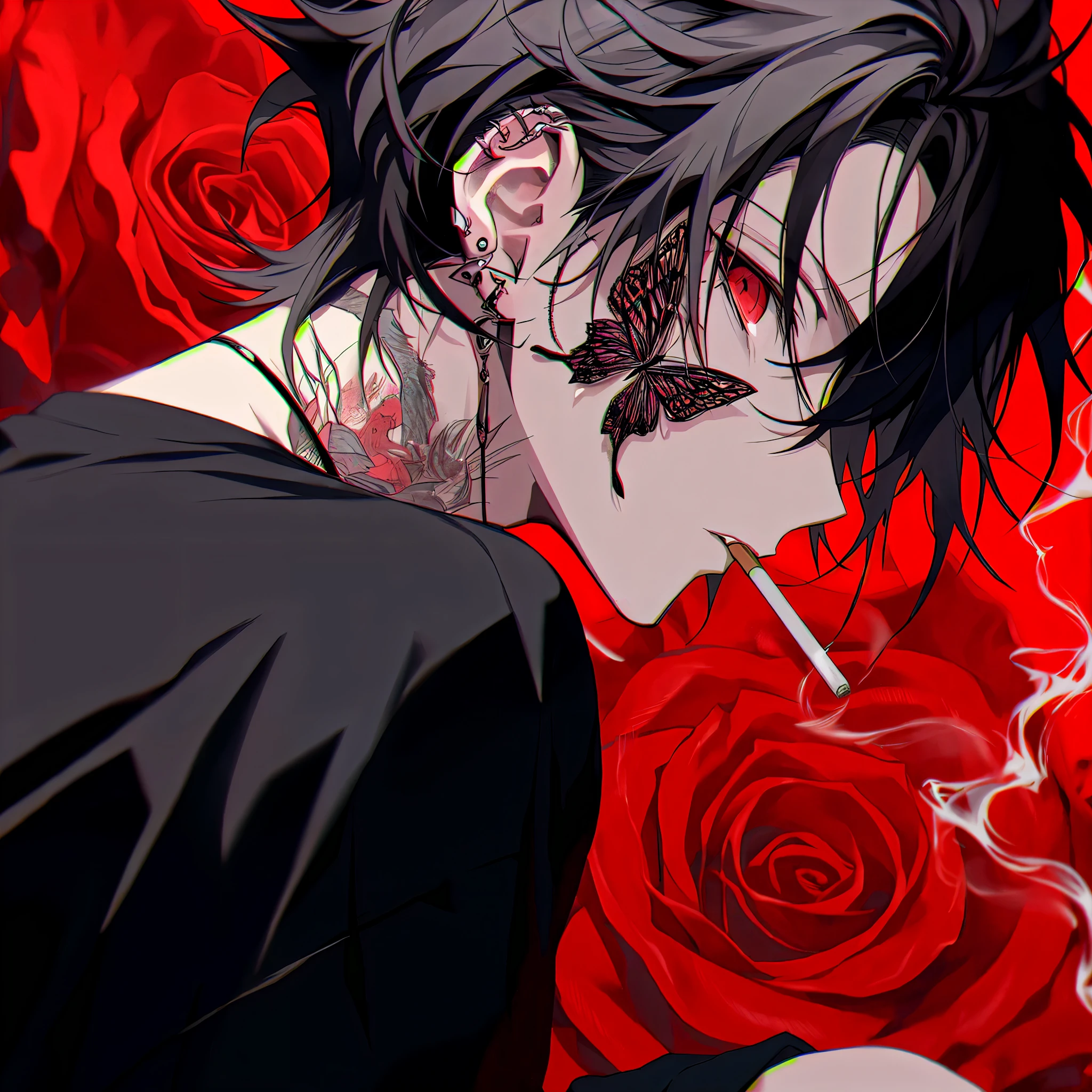 Anime - style image of a black-haired man with a cigarette in his mouth, Demon slayer art handsome man, handsome japanese devil boy, sebastian michaelis, by Yuumei, black rose, beautiful male grim reaper, anime wallpaper, terrible anime 8k, Inspired by Hiro Yamagata, kentaro miura art, black roses, vampire