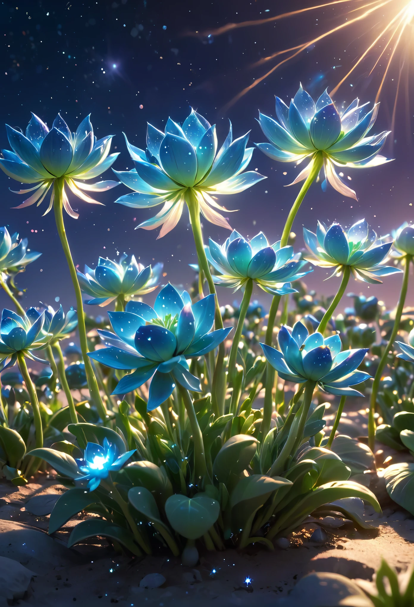 A magical timelapse sequence. The glowing sprouts grow rapidly, transforming into beautiful, otherworldly flowers with shimmering petals that resemble constellations. high quality, masterpiece,comic,cinmatic,anime,3dd, fantasy, sunlight, blue light, sunset, soft light. Disney style