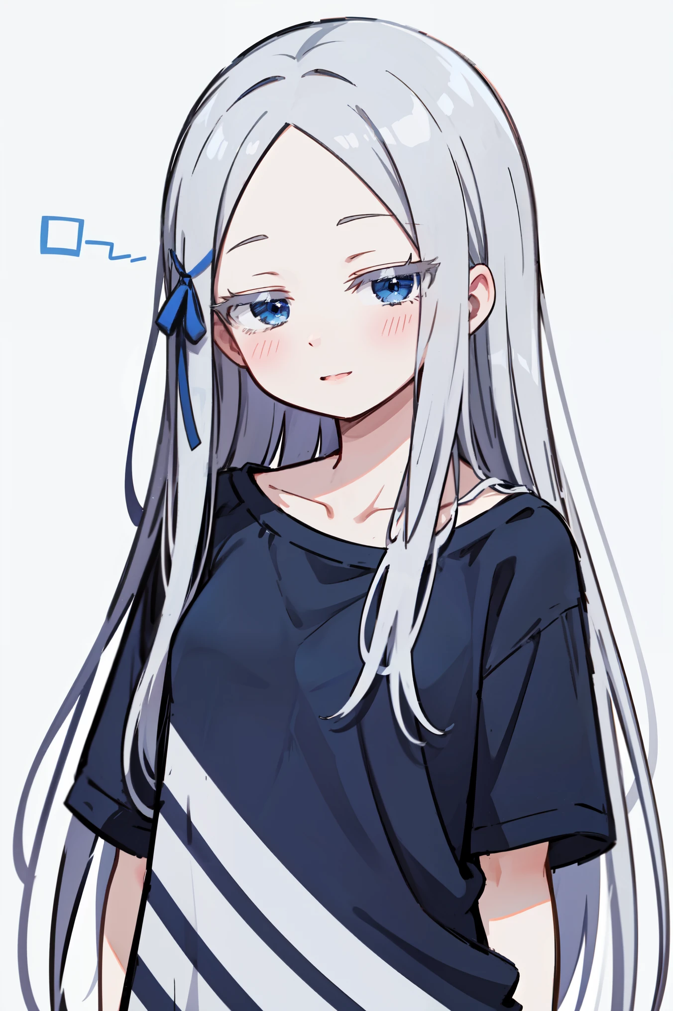 (masterpiece, best quality, ultra high quality, by quan, by mappa, sketch:1.1), ((portrait)), 1girl, solo, pandora, blue eyes, very long hair, grey hair, white hair, white eyelashes, forehead, blush, bangs, small breasts, , parted bangs, barefoot, cute smile, small smile, silly, (alternate costume:1.3), shirt, casual clothes, ((black shirt)), collarbone, short sleeves, t-shirt, off shoulder, oversized shirt, naked shirt, oversized clothes, see-through silhouette, see-through shirt, (arms behind back), upper body, standing,, isometric lightning, white background, simple background