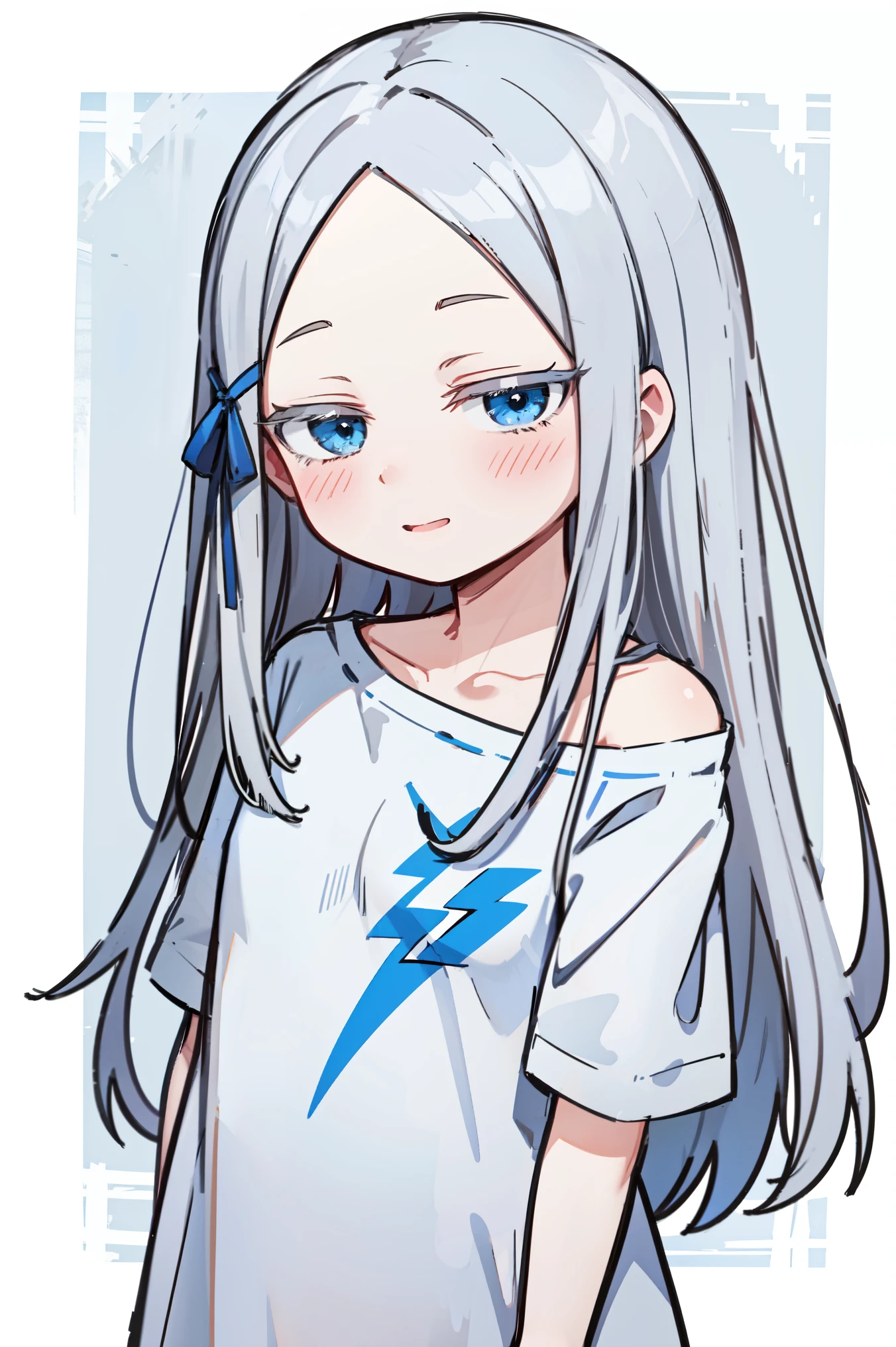 (masterpiece, best quality, ultra high quality, by quan, by mappa, sketch:1.1), ((portrait)), 1girl, solo, pandora, blue eyes, very long hair, grey hair, white hair, white eyelashes, forehead, blush, bangs, small breasts, , parted bangs, barefoot, cute smile, small smile, silly, (alternate costume:1.3), shirt, casual clothes, ((black shirt)), collarbone, short sleeves, t-shirt, off shoulder, oversized shirt, naked shirt, oversized clothes, see-through silhouette, see-through shirt, (arms behind back), upper body, standing,, isometric lightning, white background, simple background