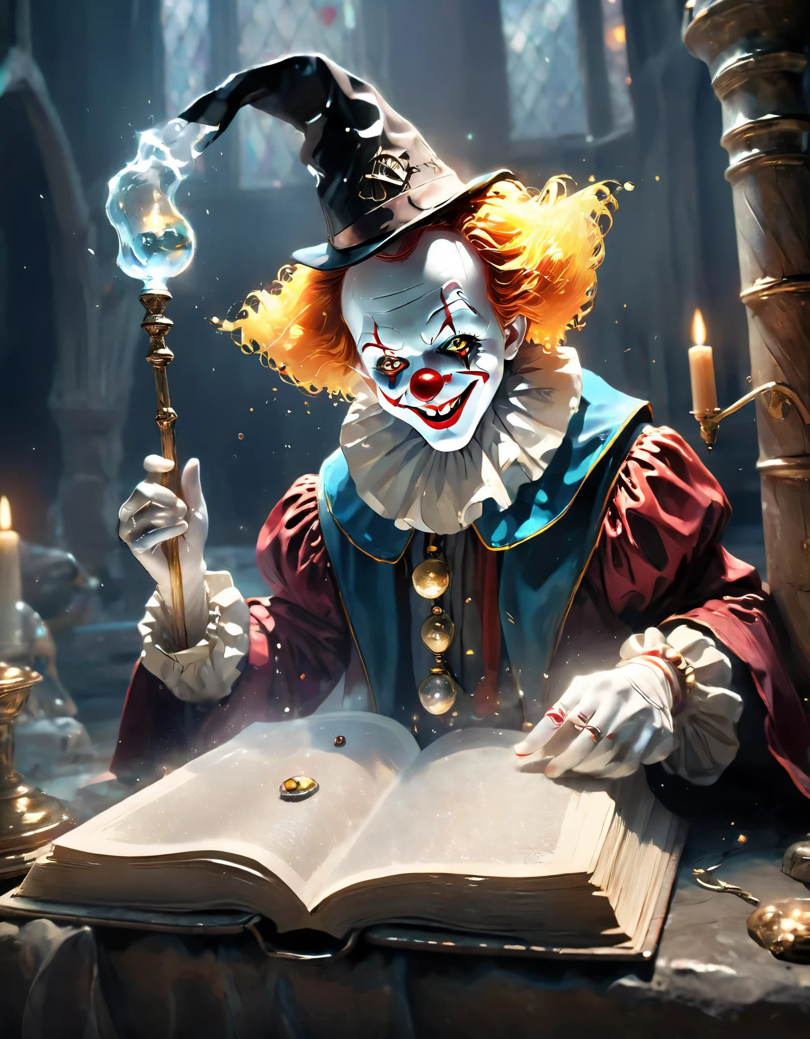 (Melhor qualidade, 8K, high resolution, Obra-prima: 1.2), Ultra detalhado, (Realista, Fotorrealista, Fotorrealista: 1.37), (A clown dressed at Hogwarts School of Witchcraft and Wizardry, The eyes are full of strangeness and wickedness，In a magical ritual: 1.42), With his magic book and a crystal staff with mystical symbols. The scene is full of vivid colors. The clown's magic trick creates a captivating visual spectacle. Every detail of the magic is meticulously rendered. Textures and lighting effects highlight the pulsating energy. The images are true works of art, have very high resolution. Every detail has been taken care of with the utmost care, Possui uma atmosfera impressionante cheia de magia, Cercado por uma aura misteriosa, (anatomicamente correta, pele texturizada, UHD, obra-prima, precisa, super detalhe, alta qualidade, melhor qualidade, high resolution , 8k), elemento fogo composto por elementos fogo