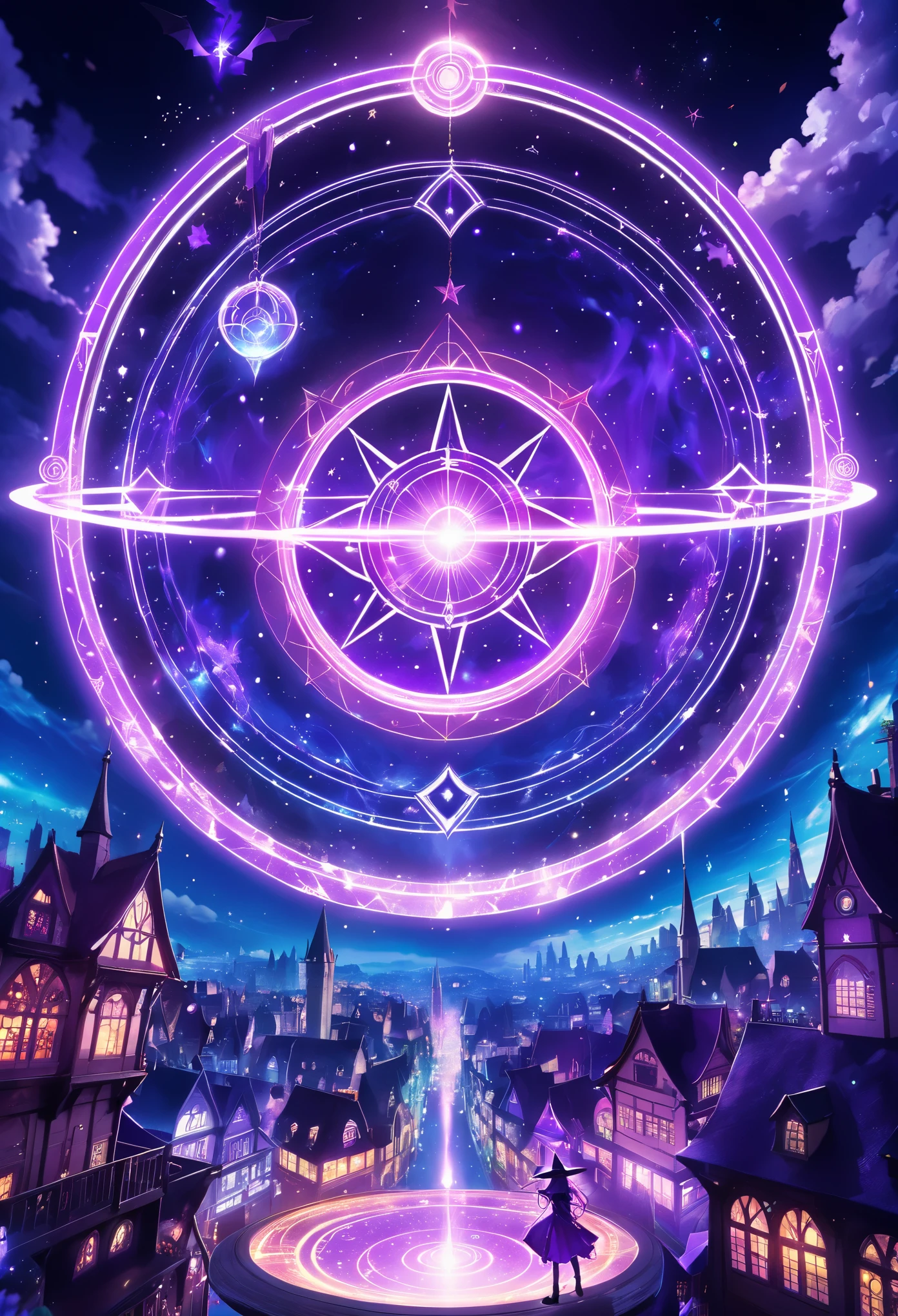 Magic circle, on desk, spell books, glowing, floating magic circle, purple, witchcraft, fantasy, anime, high detail, perspective, (low angle view, POV:1.7), Gothic art, reflection light, ray tracing, glowing light, sparkle, cinematic lighting, UHD, retina, masterpiece, ccurate, anatomically correct, super detail, high details, high quality, award winning, best quality, highres, 8k