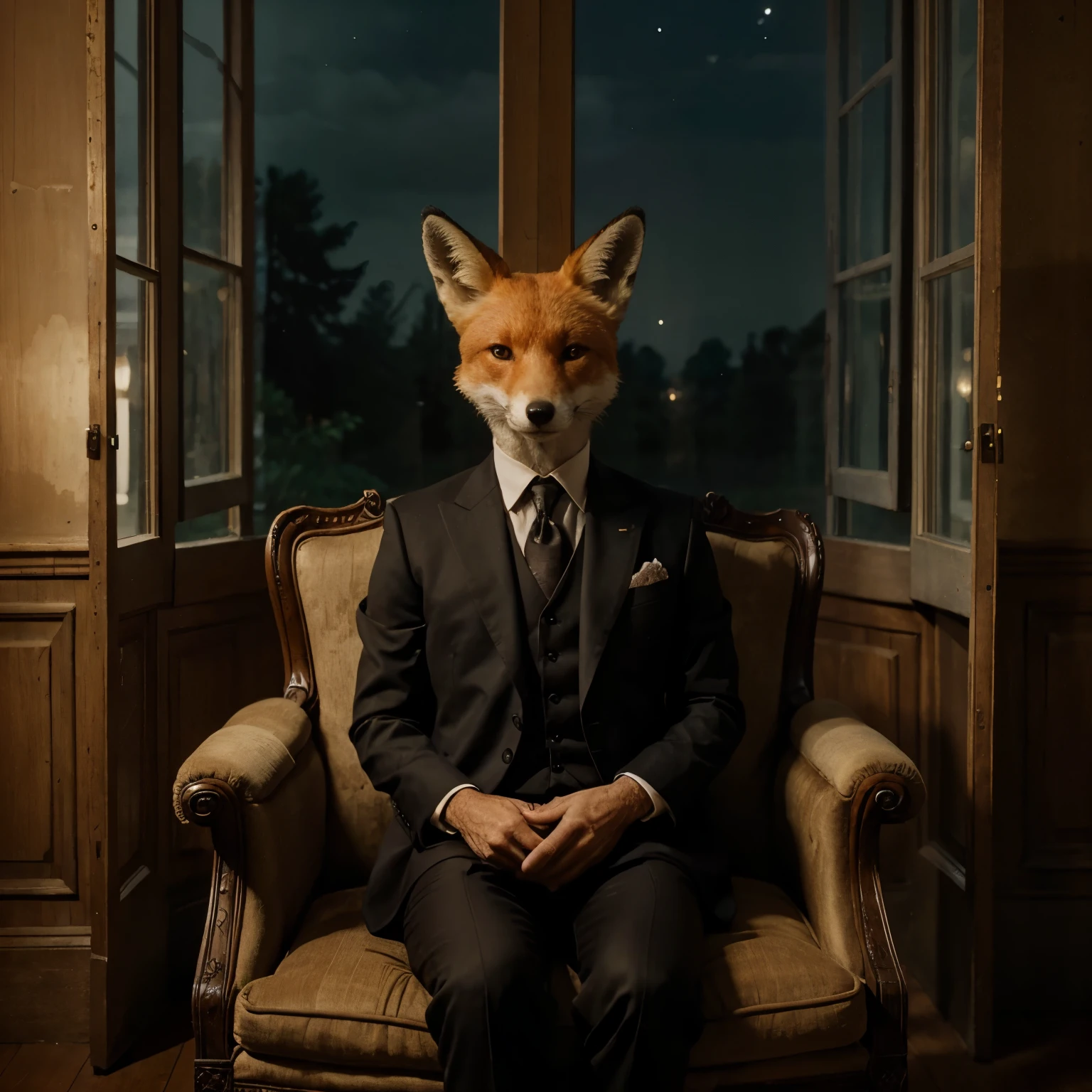 ((old image)) a humanoid fox wearing an elegant antique suit sitting on a chair near the window with a night forest landscape