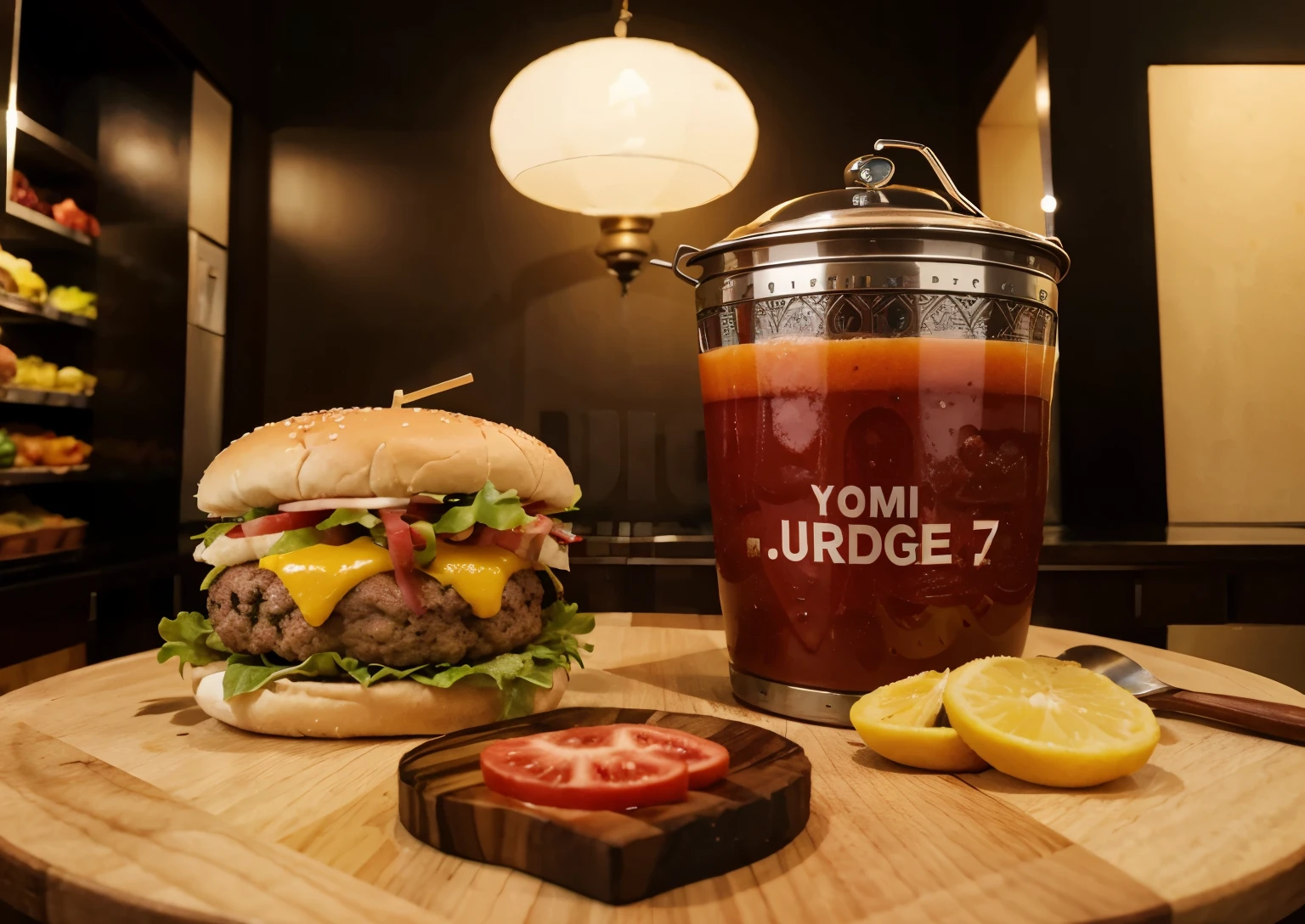 Say “Ramdan Mubarak to all Juicers Berg Fam !!!!” Between a conversation between a juice and a Burger as vector images.
