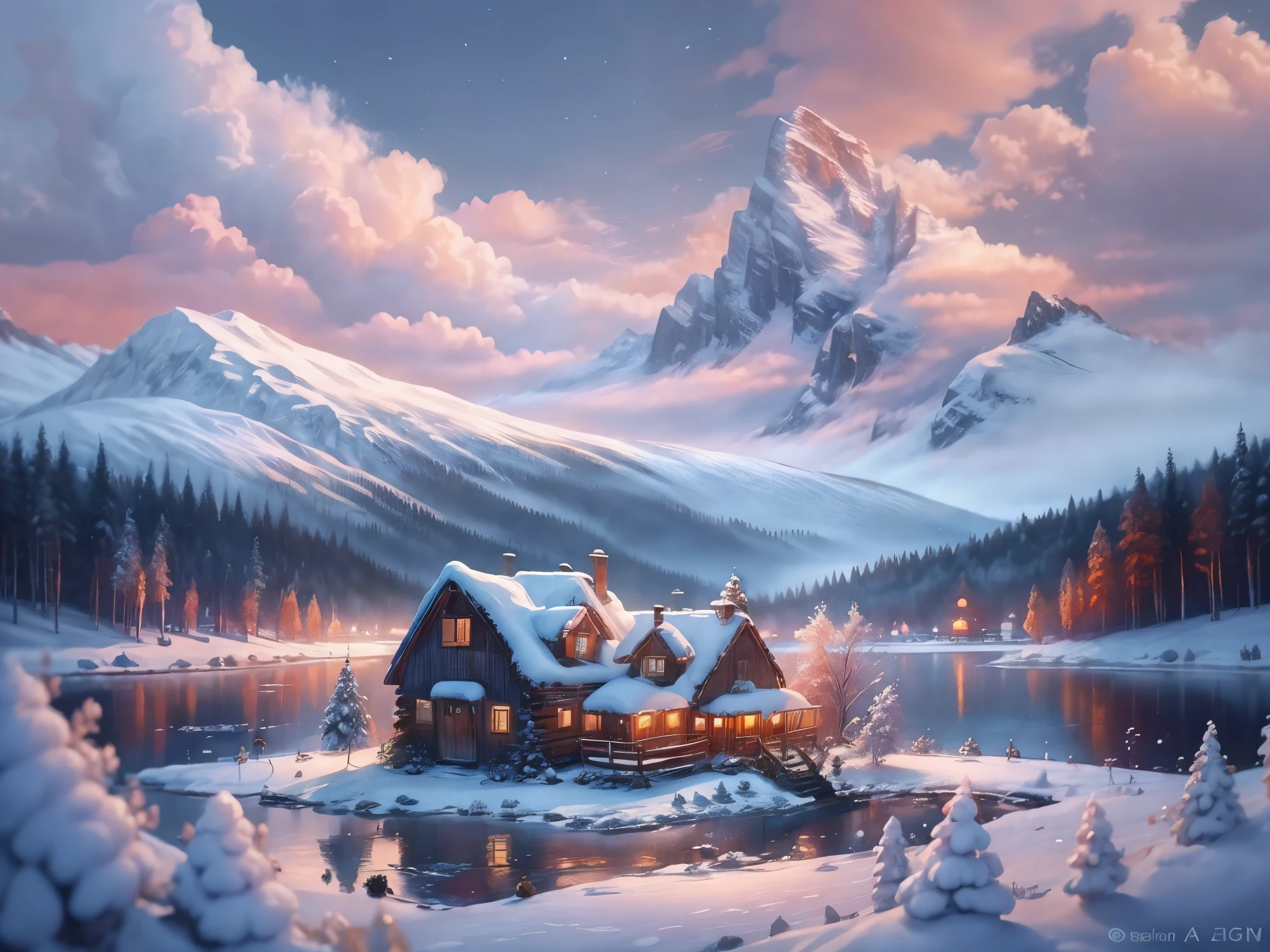painting of a cabin in the snow with a lake and mountains in the background, best ai image, a beautiful artwork illustration, artwork, trending on imagestation, scenery art detailed, scenery artwork, the best photograph of august, official artwork, warm beautiful scene, the most beautiful landscape, beautiful detailed scene, beautiful snowy landscape, center of picture, beautiful art uhd 4 k
