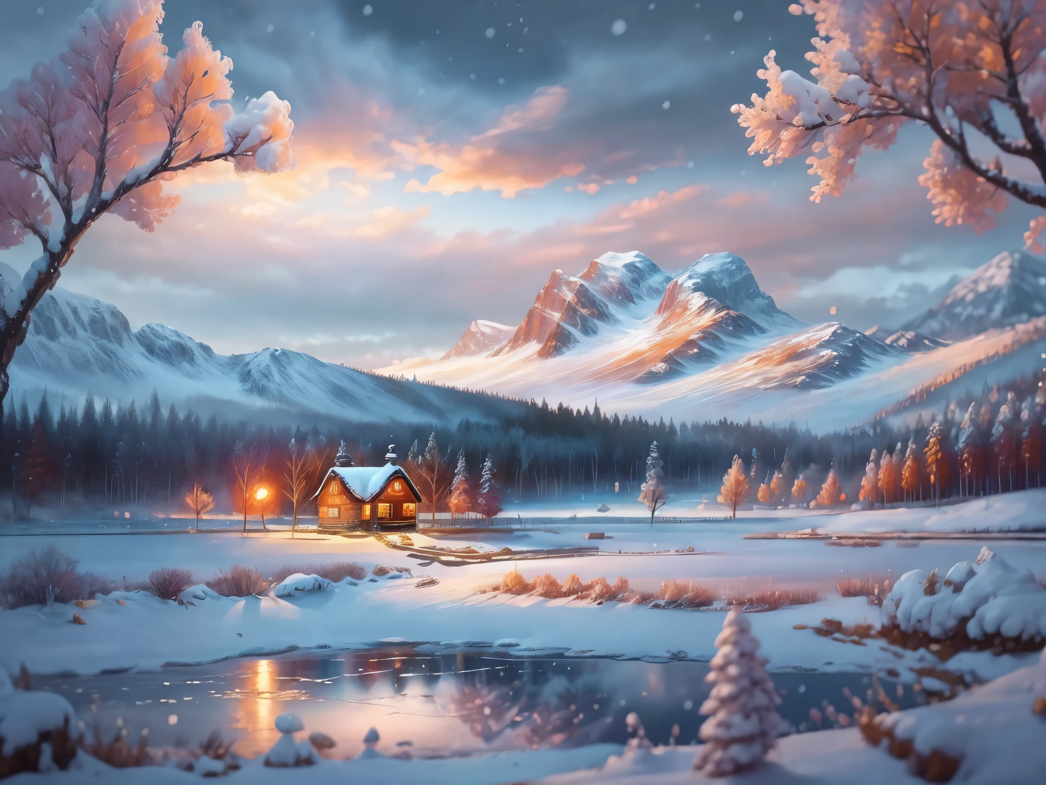 painting of a cabin in the snow with a lake and mountains in the background, best ai image, a beautiful artwork illustration, artwork, trending on imagestation, scenery art detailed, scenery artwork, the best photograph of august, official artwork, warm beautiful scene, the most beautiful landscape, beautiful detailed scene, beautiful snowy landscape, center of picture, beautiful art uhd 4 k