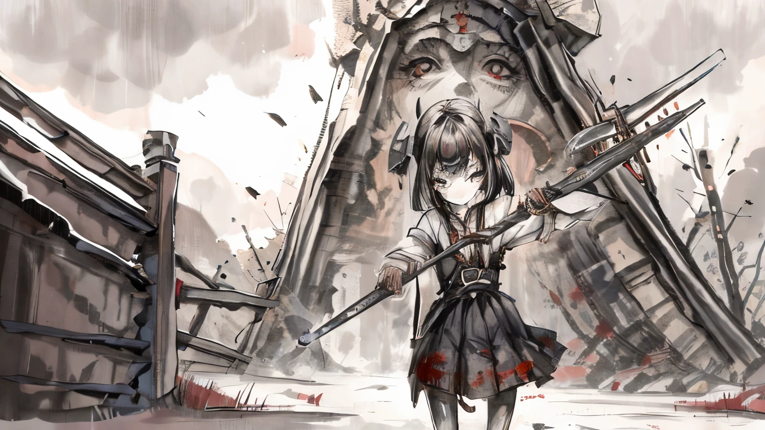 Girl with medieval weapons mace coming out of the bloody gate of hell