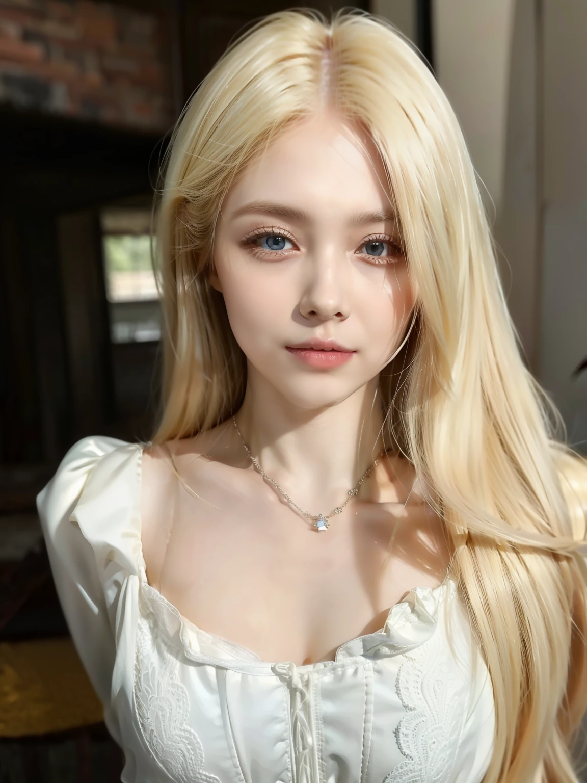 um close up de uma mulher com cabelos loiros usando um vestido branco, pale porcelain white skin, cabelo loiro muito claro, cabelo loiro extremamente claro, albino white skin pale, fair and pale skin!!, longos cabelos loiros e olhos grandes, skin pale as ivory, porcelain pale skin, very pale white skin, longos cabelos loiros e olhos grandes, very very pale white skin, seios grandes, roupa decotada, Ryujin.