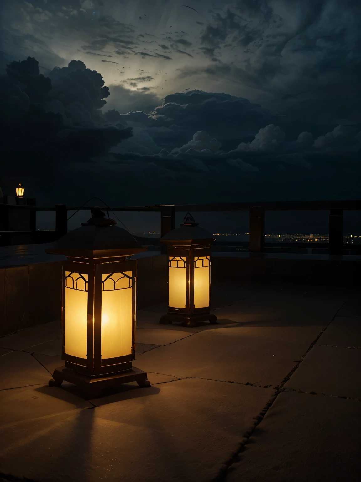 "Generate a captivating theme featuring lantern glowing lights against an Islamic Ramadan backdrop with thick clouds. Envision a serene scene where radiant lanterns cast a warm and inviting glow, set against a sky adorned with thick clouds, creating a mystical atmosphere. Request a background that captures the spiritual ambiance of Ramadan, with the luminous beauty of lanterns providing a focal point against the cloud-covered sky. Utilize a color palette that harmonizes with the cultural significance of Ramadan, evoking a sense of tranquility and spirituality. Aim for a theme that is visually stunning, culturally resonant, and suitable for various applications, symbolizing the illuminated beauty of Ramadan through the presence of glowing lantern lights on a cloudy Islamic backdrop."
