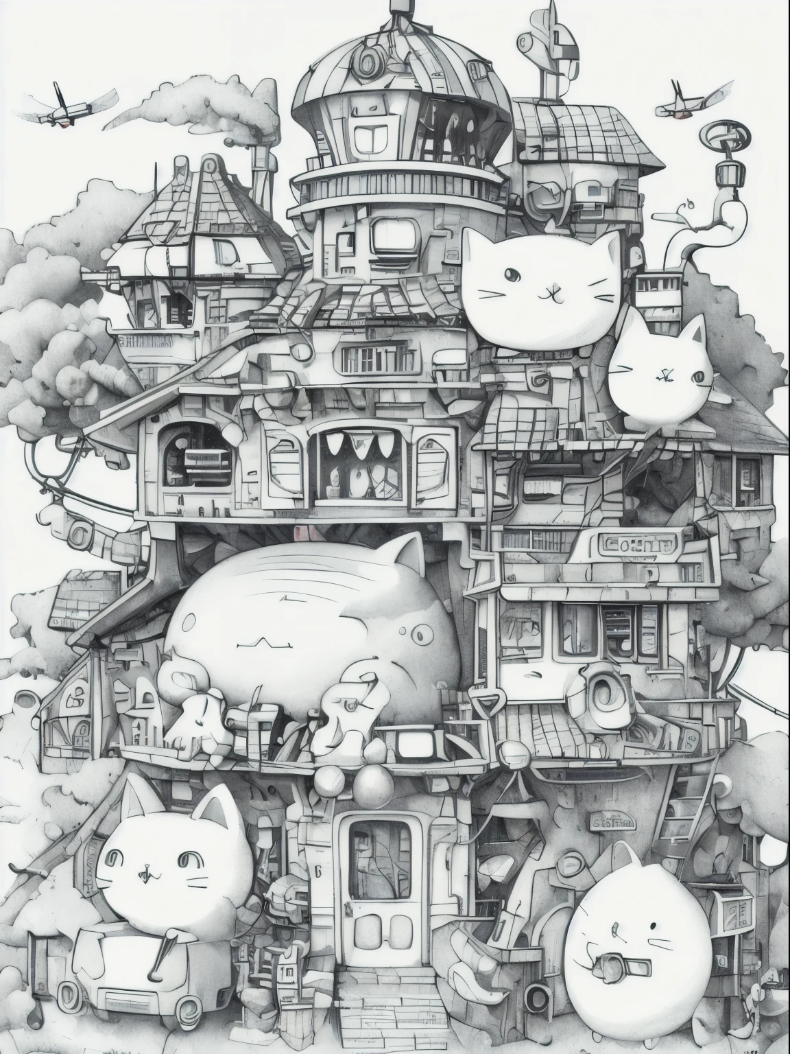 a color painting,Drawing of a house with a cat and a cat, Studio Ghibli. complex, Lovely detailed artwork, greg rutkowski Studio Ghibli, Kubis Art, Studio Ghibli illustration, extremely detailed lines, author:Nobusada Yanagawa, Ghibli style, inspired by Miyazaki, Studio Ghibli scheme, Lovely and detailed digital art, Very detailed lines giving a fighter jet look, Metal polishing, plastic, Lisa Shield 4k