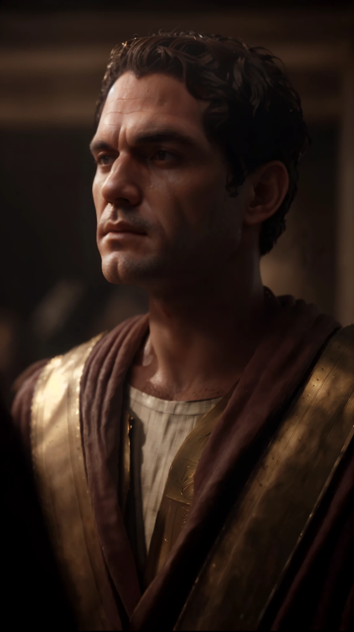 a man in a robe and a gold robe looks at something, cinematic close-up bust shot, cinematic close shot, henry cavill as a greek god, cinematic bust shot, detailed cinematic render, realistic 8k bernini sculpture, highly detailed vfx portrait, highly detailed vfx portrait of, unreal engine 5 render dramatic, ancient rome man, detailed cinematic shot, cinematic contrasted lighting