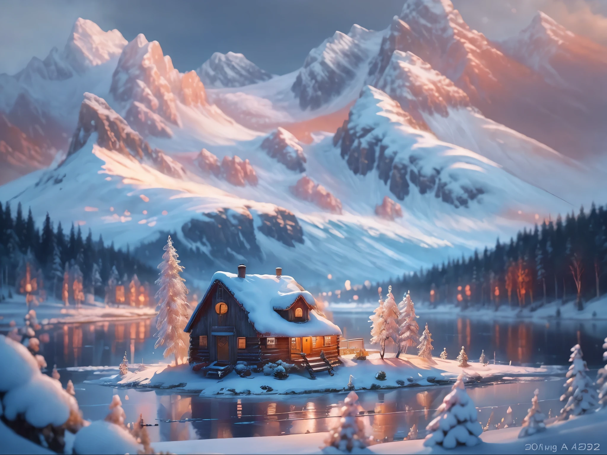 painting of a cabin in the snow with a lake and mountains in the background, best ai image, a beautiful artwork illustration, artwork, trending on imagestation, scenery art detailed, scenery artwork, the best photograph of august, official artwork, warm beautiful scene, the most beautiful landscape, beautiful detailed scene, beautiful snowy landscape, center of picture, beautiful art uhd 4 k