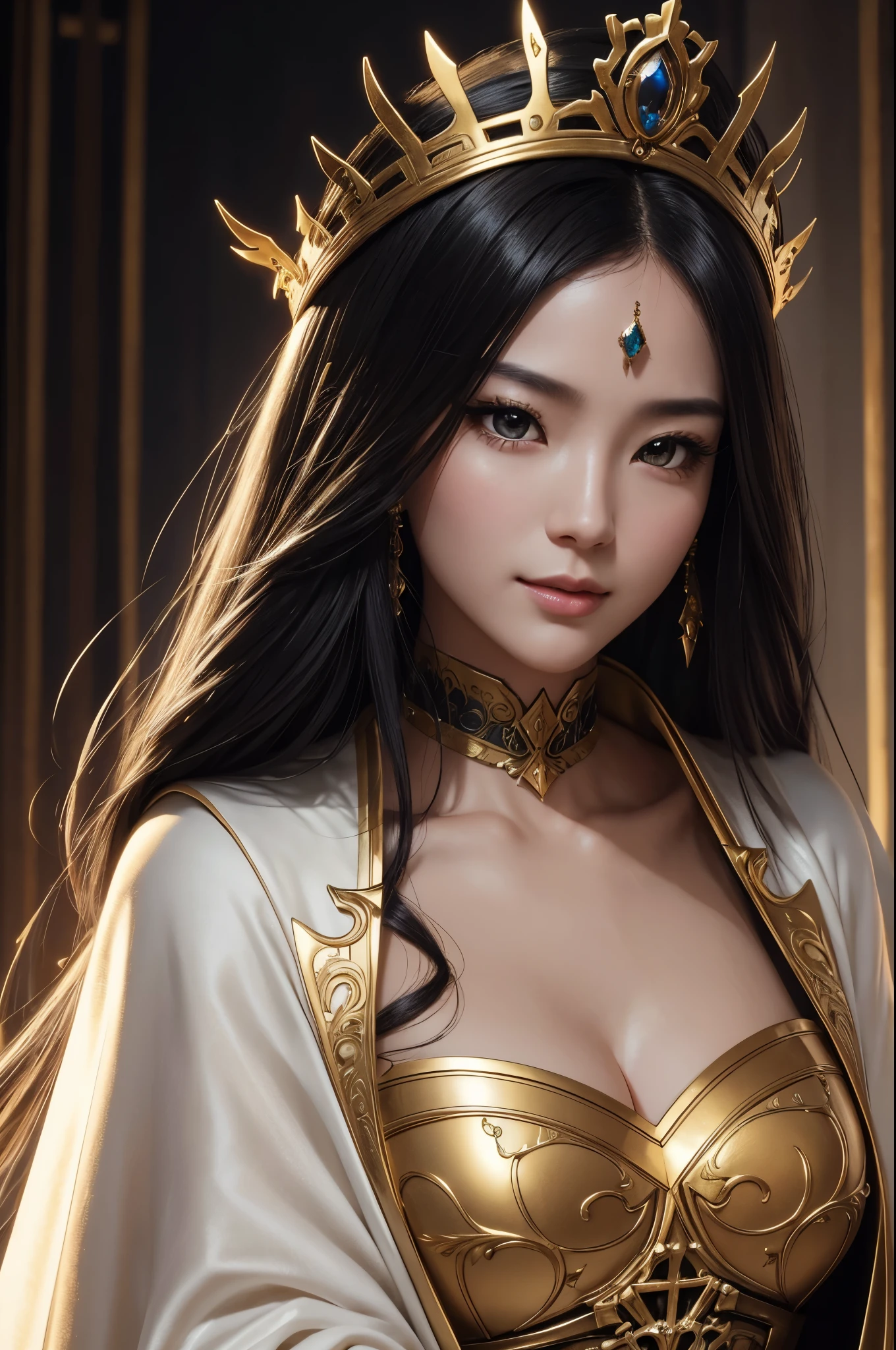 8k,long black beautiful hair,ポールを持った黒と金の衣装を着た月のgoddessのClose-up, beautiful fantasy empress, ((beautiful fantasy empress)), goddess. muscular slim body,Severely cracked abdominal muscles,very high detail, extremely detailed model | art germ, trending on cgstation, Chengwei Pan at Art Station, gorgeous.beautiful, luxurious white and gold cloak,超A high resolution,super realistic skin,beautiful expression,fantasy art,Detail of a hand holding a precise pole,laughter(like the real thing),masterpiece,Photorealistic RAW photos of the highest quality。bright colors,rich colors, Backlight, cinematic lighting, film grain, to be born, 50mm lens, Nikon D850,detailed character art,fantasy art,ultra high resolution,super realistic skin,perfect hand shape,Close-up,月のgoddess,
