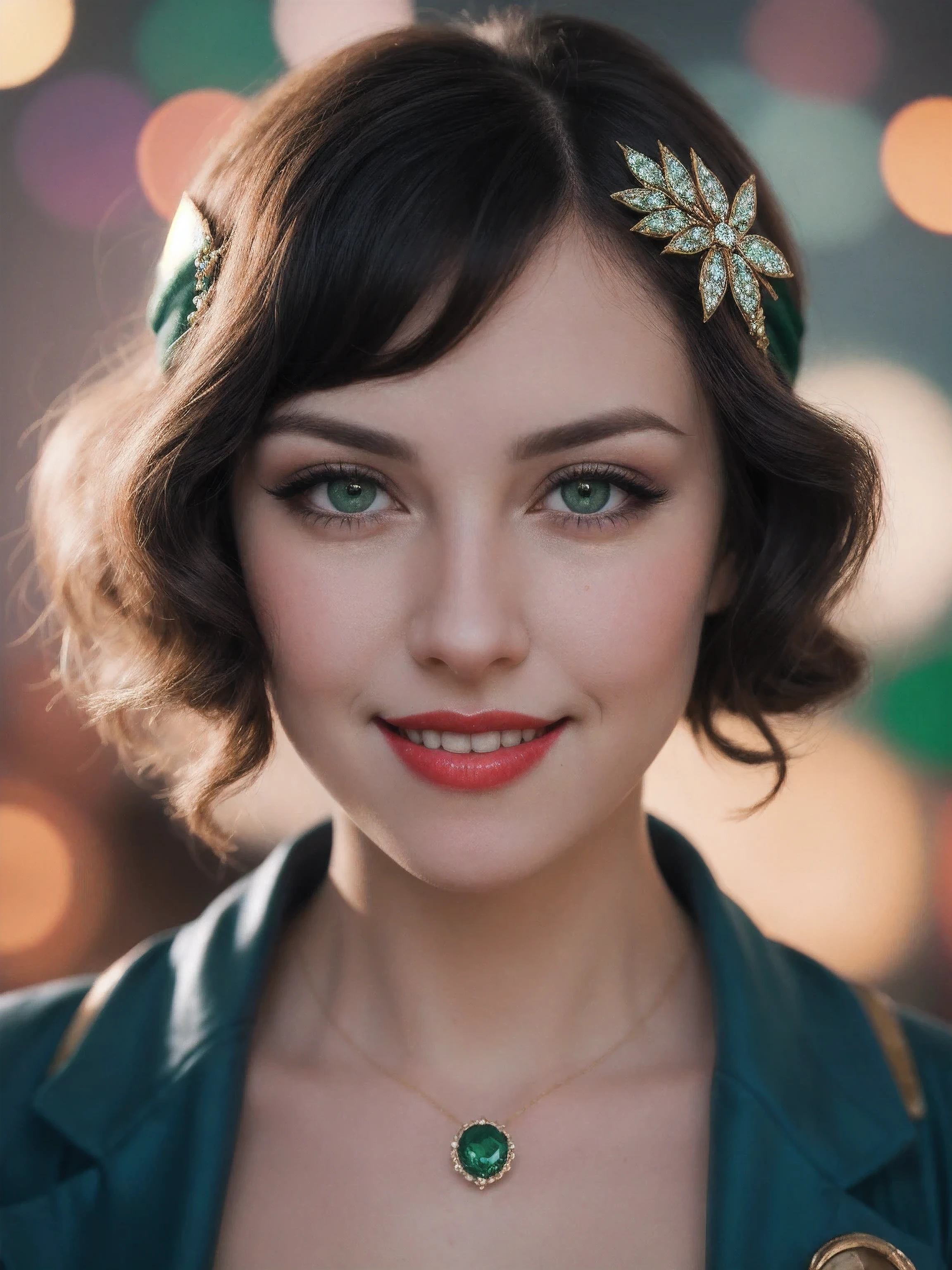 Henry Darger, artgerm, cinematic, film still, light on face, beautiful, perfect detailed wide eyes, 1920s, layered double exposure effect, pastel colors, fashionable Great Gatsby pin-up girl, delicate, lovely smile, glowing, extraordinary jeweled headband, greens & blues, red lips, soft smooth skin.