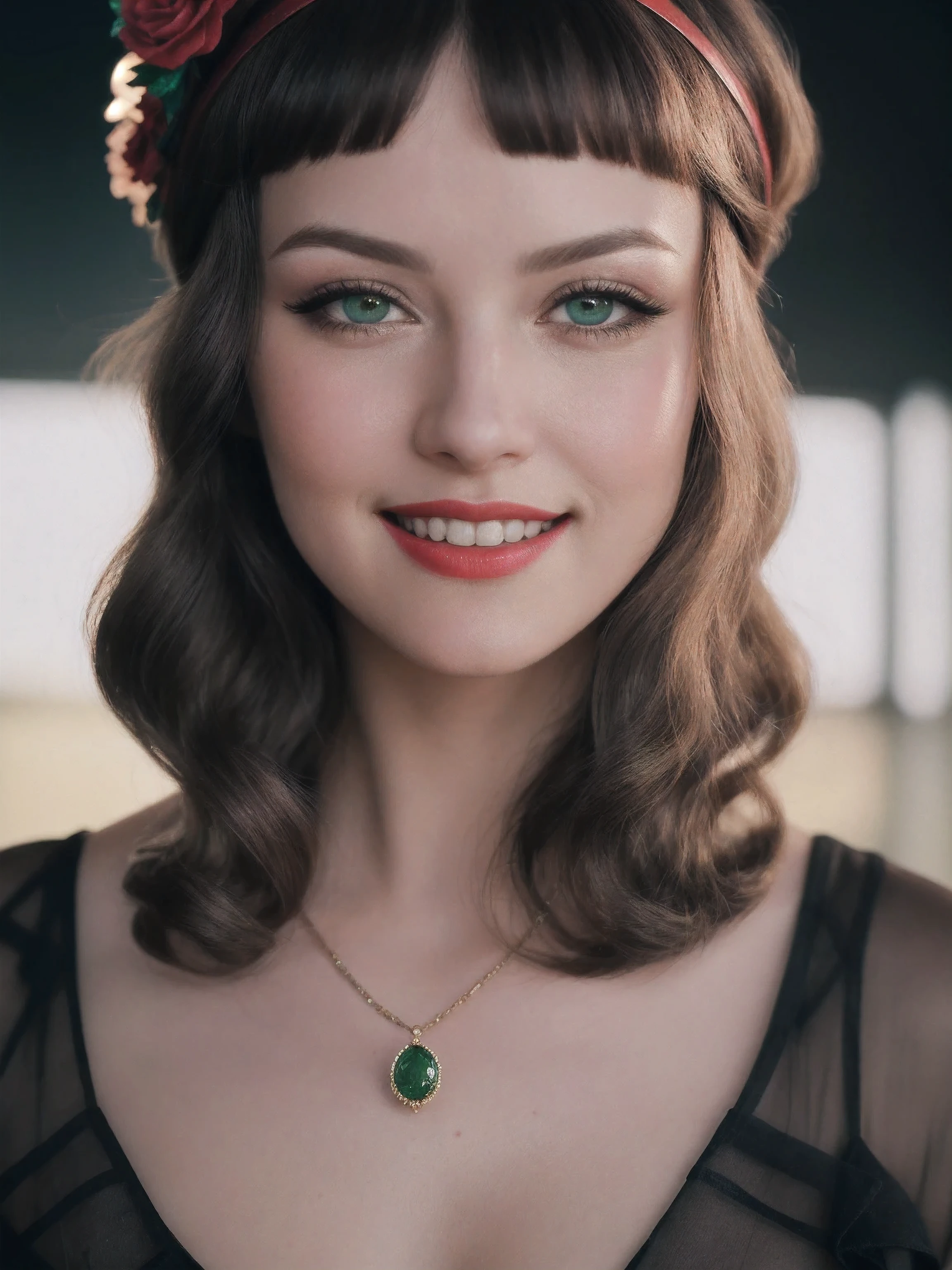Henry Darger, artgerm, cinematic, film still, light on face, beautiful, perfect detailed wide eyes, 1920s, layered double exposure effect, pastel colors, fashionable Great Gatsby pin-up girl, delicate, lovely smile, glowing, extraordinary jeweled headband, greens & blues, red lips, soft smooth skin.