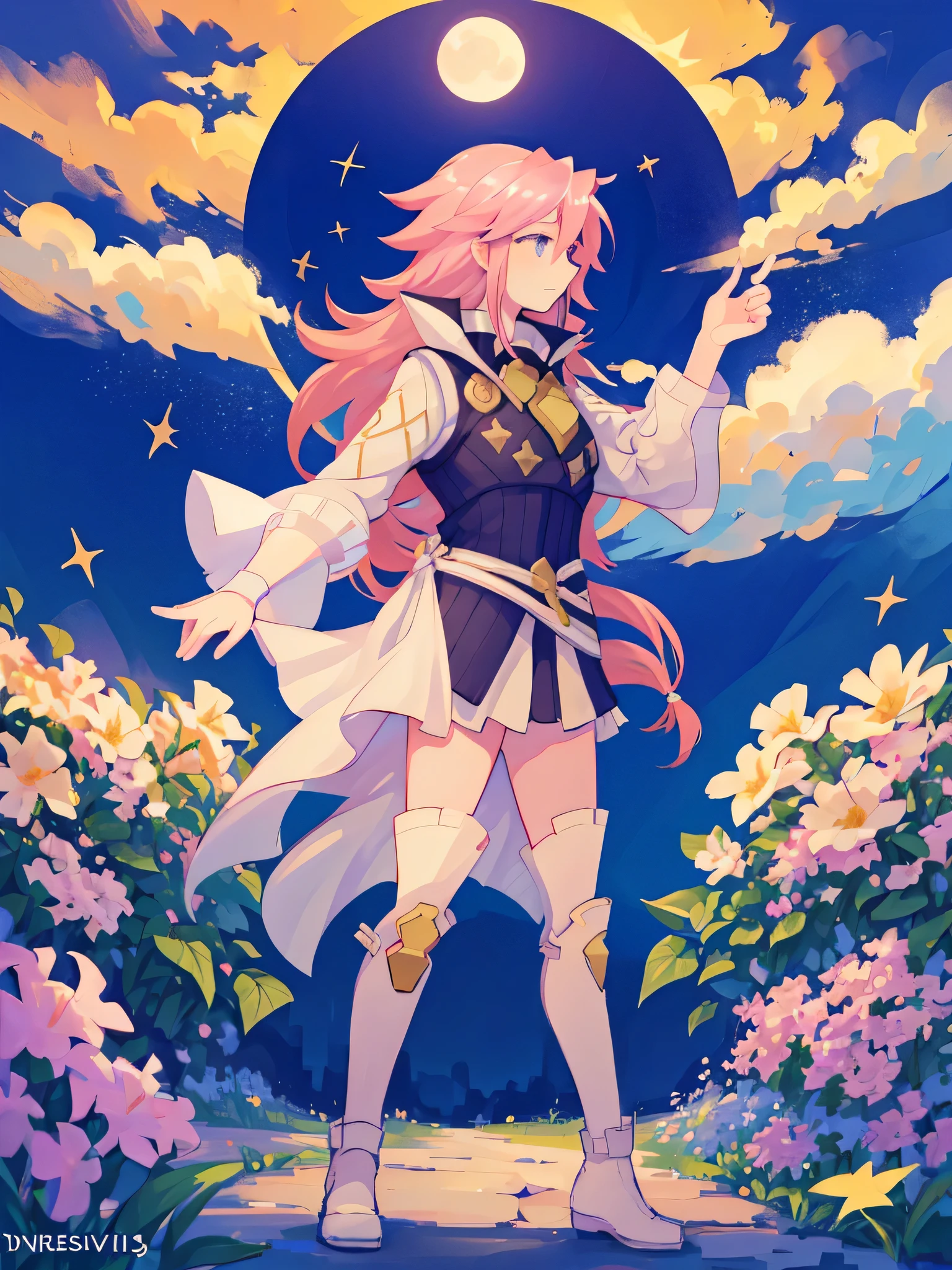 (Soleil de Fire Emblem en una llanura de flores.) (Elegant and white expression.) (cuerpo completo) (Alta calidad) (A pattern of moon and stars in the background) (mirando al horizonte)