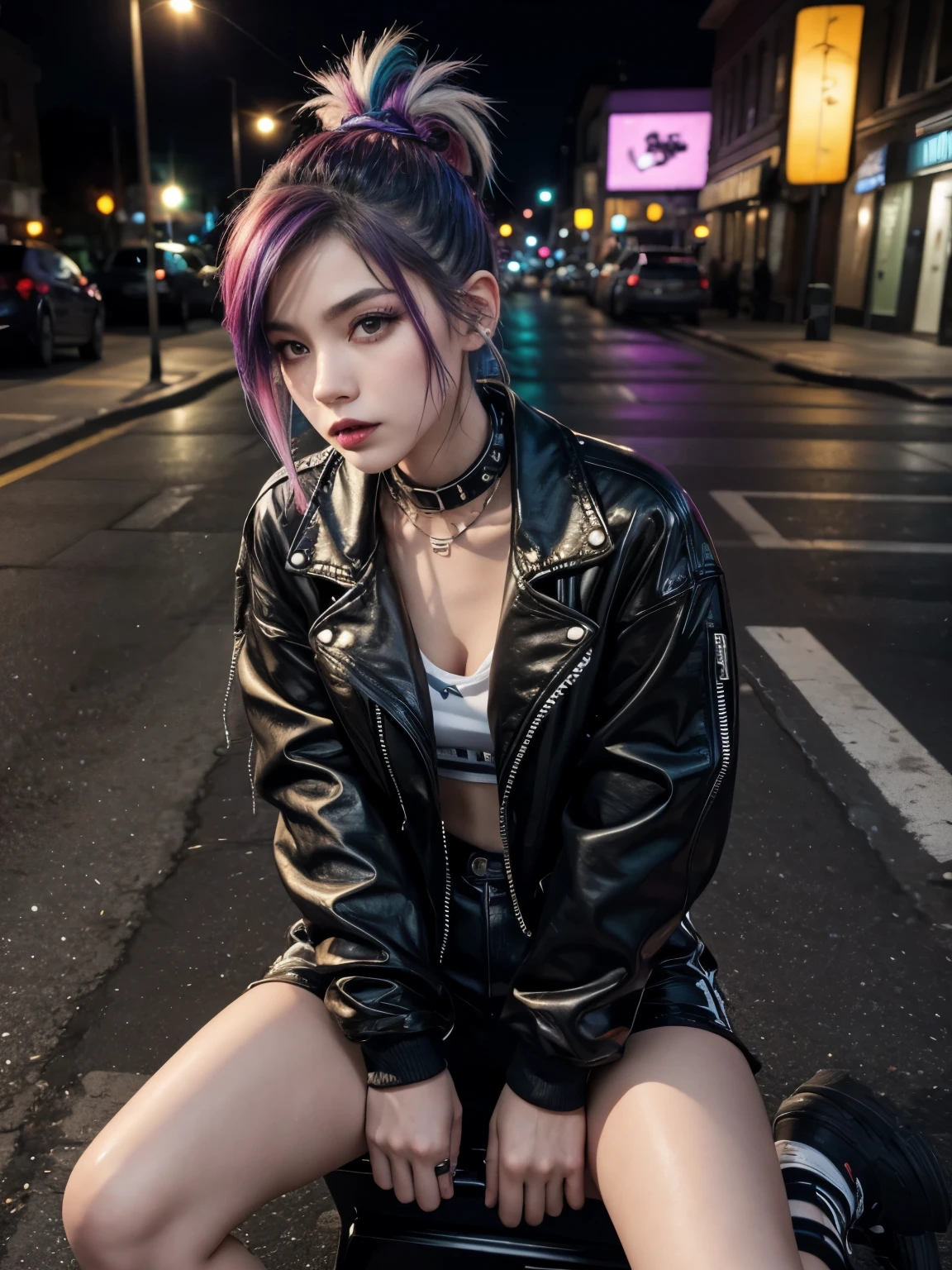 woman, perfect body, seductive,
black lipstick,
city at night, outside,
headphones,
mesh,
rainbow hair, ombre,
punk style, punk, punk hair with shaved sides, looking at viewer,
sitting, full body view, jacket