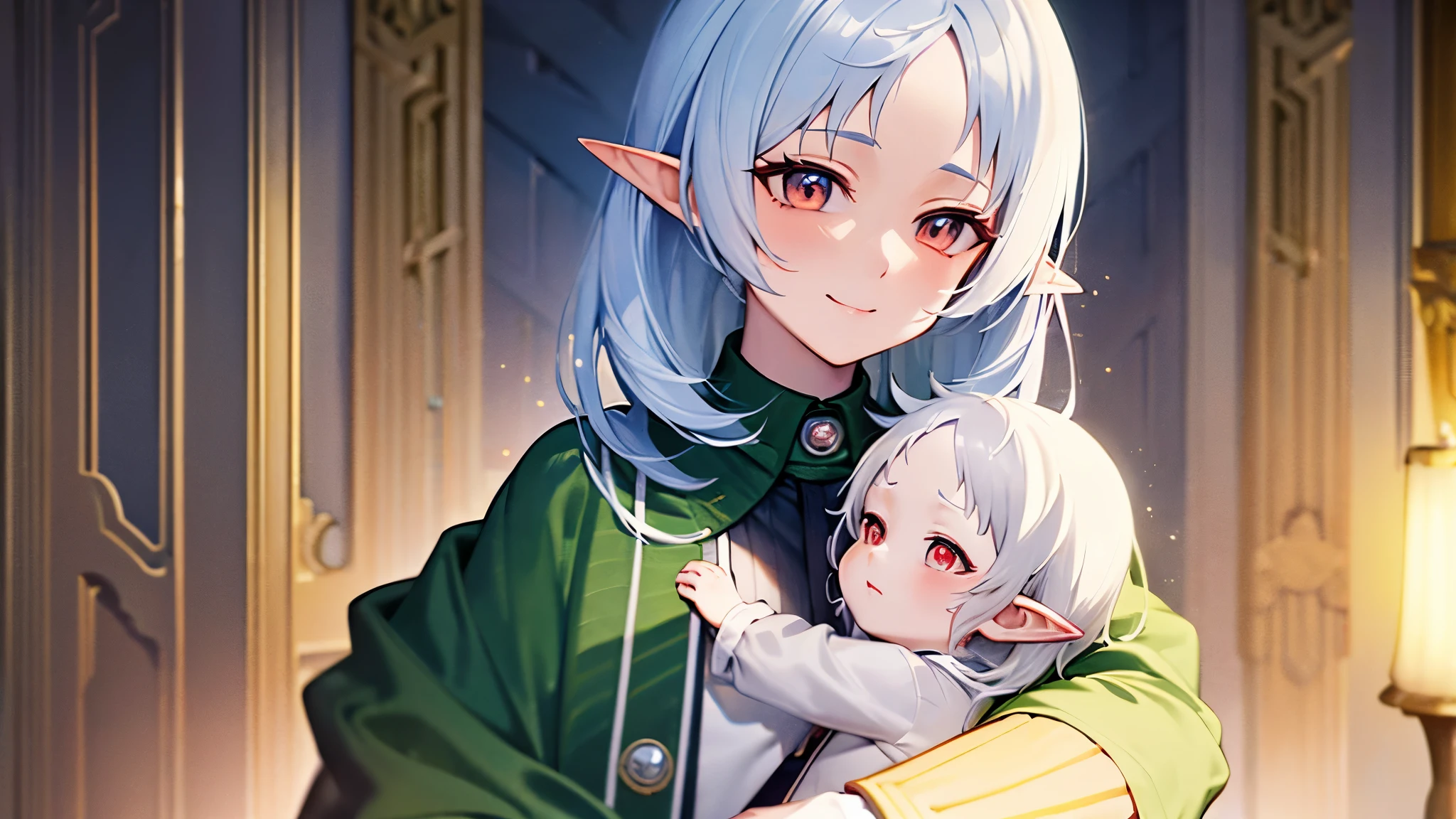 a cute character with a shy smile named Sylphie with elf-like ears and white short hair, the eyes are red colored with black pupils. The character is wearing a white long-sleeve shirt and a brown skirt, is sitted on a chair amidst a serene and beautifully illuminated room while she holds an elf baby with light brown hair, inside blankets on her arms. Mushoku Tensei. anime style masterpiece. Ultra HD. Super Details. Perfect Illumination.