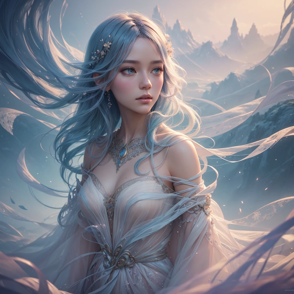 face intricate landscape made of swirling ribbons, ethereal, dreamlike, soft lighting, surreal, digital painting, artstation, concept art, delicate, flowing, smooth, sharp focus, portrait, highly detailed, mystical, enchanting, magical, art by loish and sam yang and mandy jurgens, pastel colors, whimsical