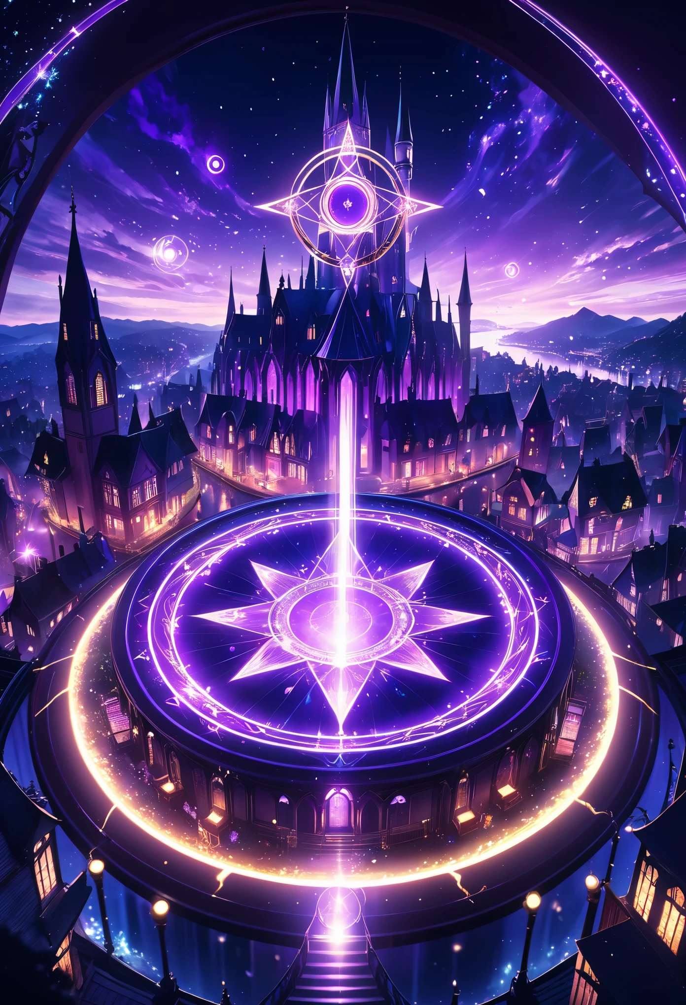 Magic circle, on desk, spell books, glowing, floating magic circle, purple, witchcraft, fantasy, anime, high detail, perspective, (low angle view, POV:1.7), Gothic art, reflection light, ray tracing, glowing light, sparkle, cinematic lighting, UHD, retina, masterpiece, ccurate, anatomically correct, super detail, high details, high quality, award winning, best quality, highres, 8k