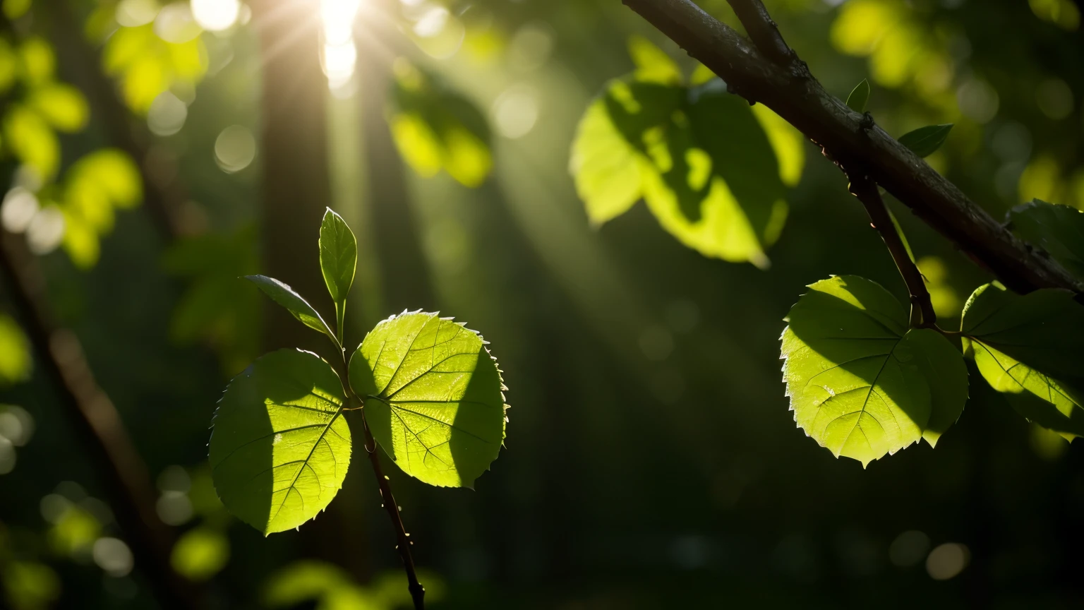 Close up of green tree leaves in a forest after the rain. Backlight, rays of light, bokeh. Masterpiece