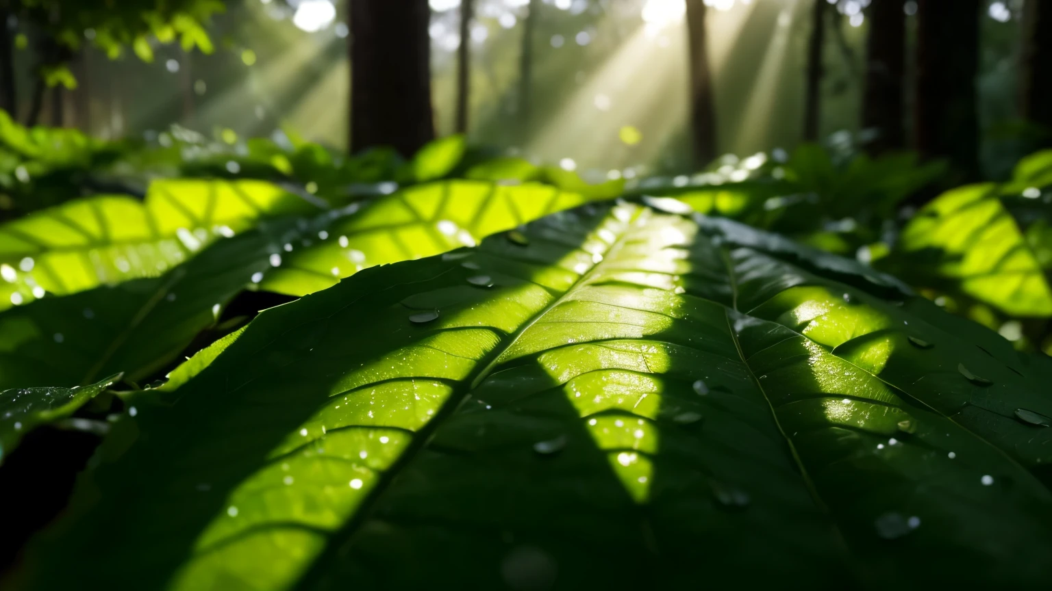 Close up of green tree leaves in a forest after the rain. Backlight, rays of light, bokeh. Masterpiece 