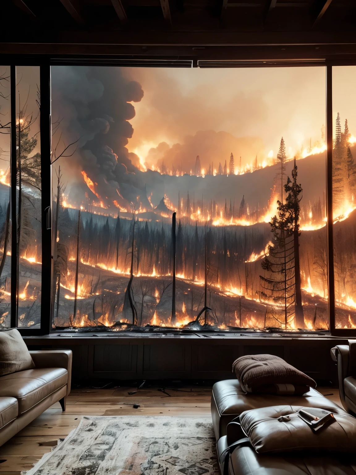 Cinematic shot, Large panoramic window (((with a view of an apocalyptic forest fire event))), a tastefully decorated living room in a contemporary style. Muted colors. Contrast between everyday comfort and surreal vistas, movie scene