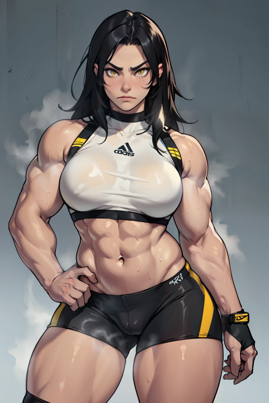 ((1girl)) pale skin (muscular perky breasts) toned body thick thighs black hair yellow eyes (long hair) bodybuilder (seductive expression) best quality perfect anatomy compression bra bike shorts best quality sweaty steam embarrassed
