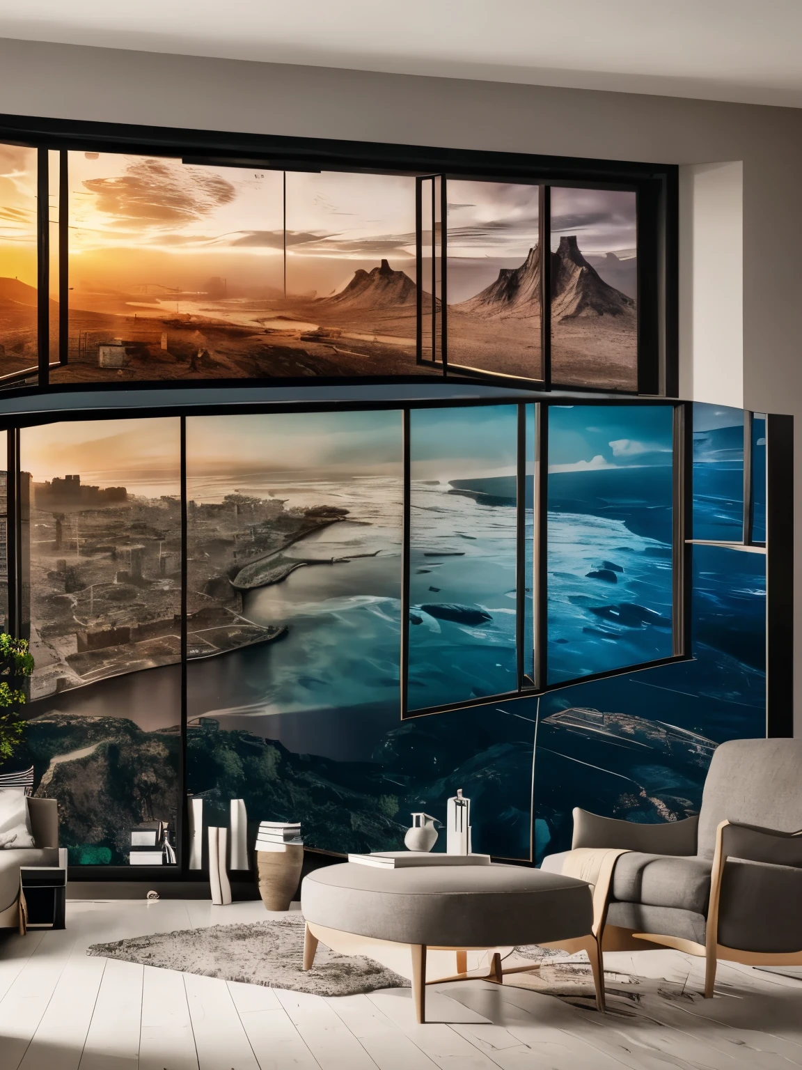 Cinematic shot, Large panoramic window with a view of an apocalyptic event, a tastefully decorated living room in a contemporary style. Muted colors. Contrast between everyday comfort and surreal vistas, movie scene