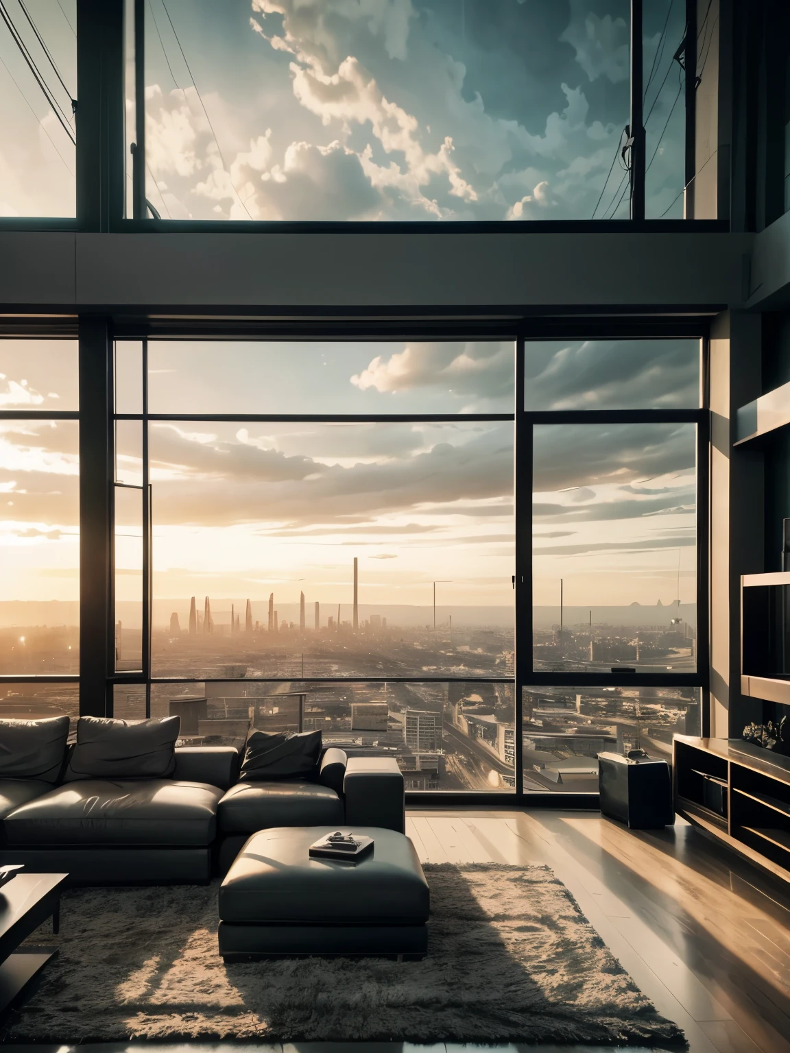 Cinematic shot, Large panoramic window with a view of an apocalyptic event, a tastefully decorated living room in a contemporary style. Muted colors. Contrast between everyday comfort and surreal vistas, movie scene