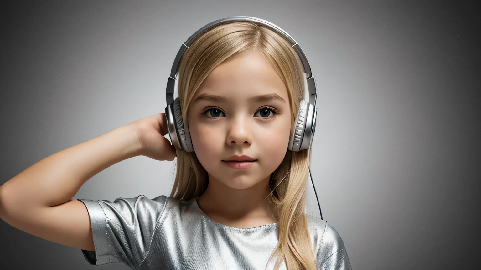 girl blonde kids hEADPHONE, humanoid background icon ON FIRE, silver dress.