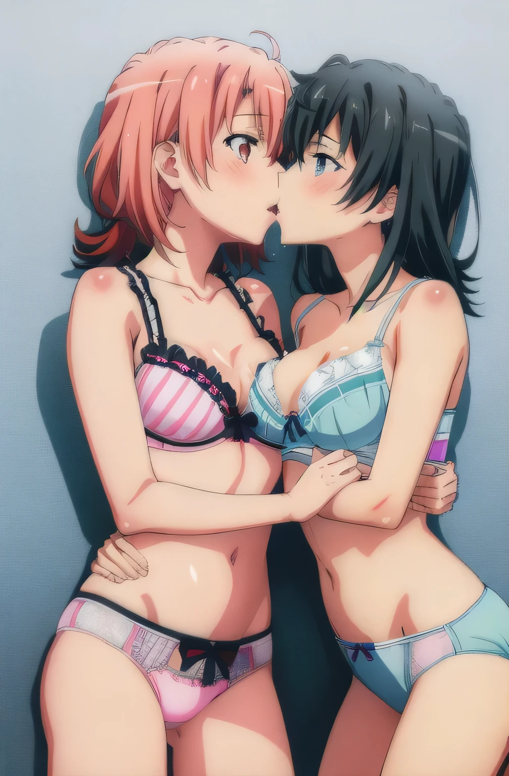 2 girls , bed,Yukinoshita Yukino , Yuigahama Yui , kiss ,Drool,underwear,,white bra,white panties ,pink bra,pink panties,