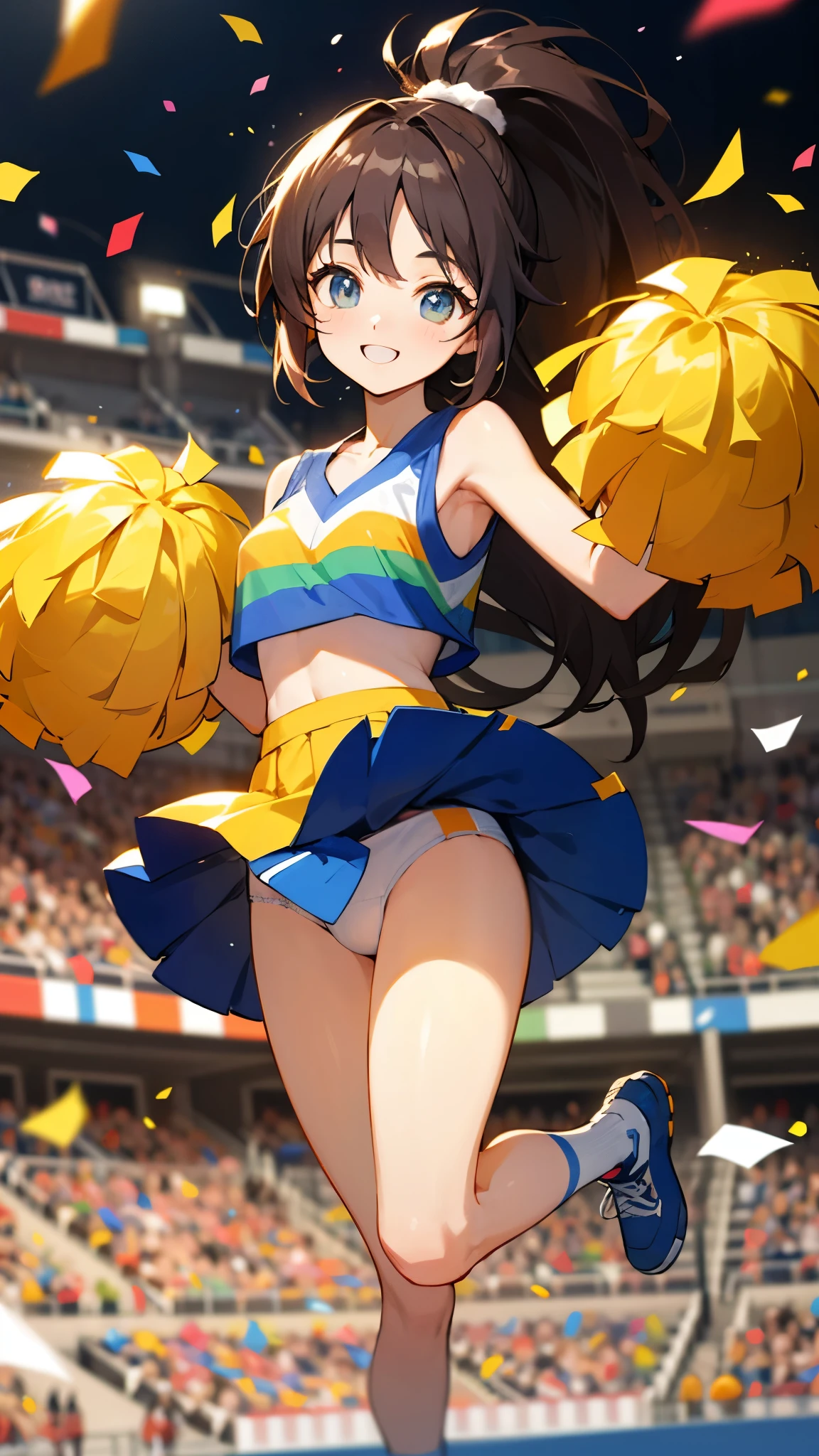 (highest quality:1.2), masterpiece, High resolution, perfect lighting, Lens flare, Cheerleader, jump, long hair, ponytail, brunette hair, holding a pom pom, gush, Sleeveless with wide open chest, Brilliant, fine eyes, Underwear fully visible skirt that bounces energetically, break ((colorful confetti)), stadium, nice, sparkling, effect、Underwear fully visible、sexy、smile、extraordinary smile、cute、cute