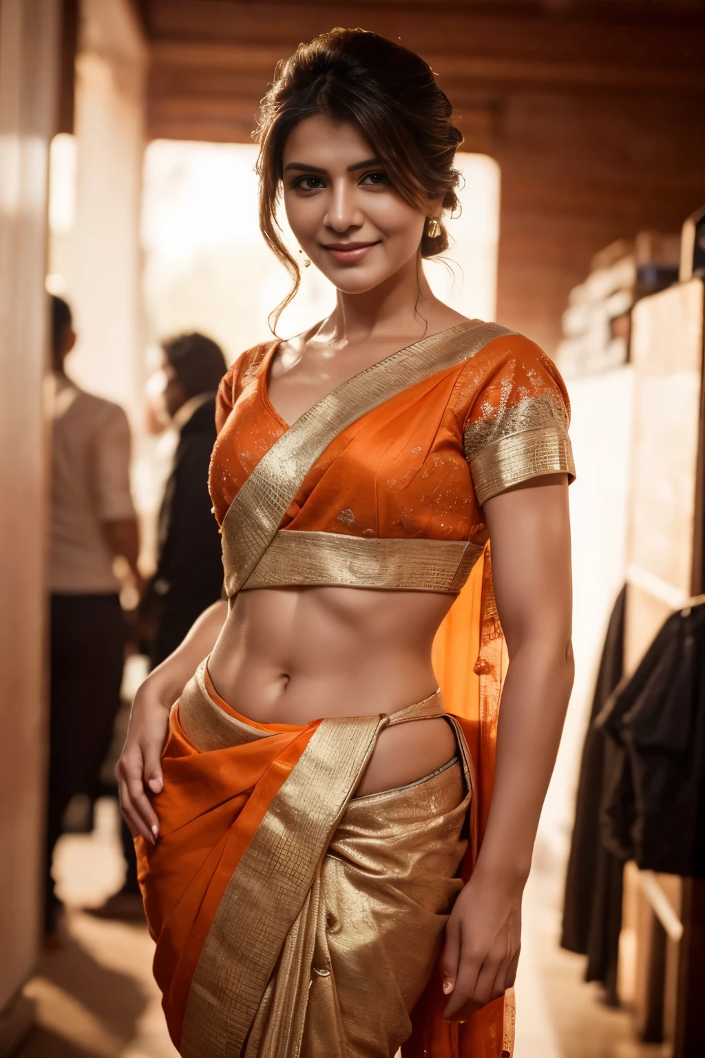 DSLR Prime lens 50 mm camera photo of a beautiful female, backgroud blur, smiling suggestively, wearing saree, orange colour saree, at night club, standing full body, extremely high quality RAW photograph, detailed background, intricate, Exquisite details and textures, highly detailed, ultra detailed photograph, warm lighting, 4k, sharp focus, high resolution, detailed skin, detailed eyes, 8k uhd, dslr, high quality, film grain, Fujifilm XT3,high heels, sun rays, flowers around her