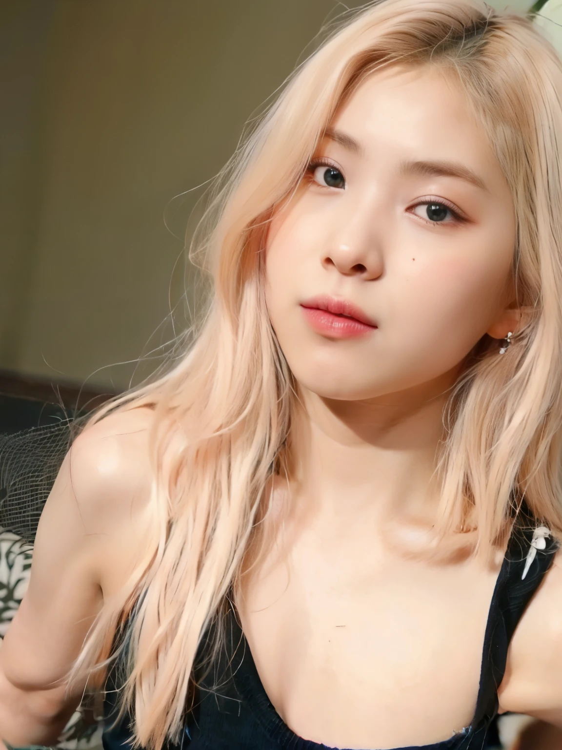 um close de uma mulher com longos cabelos loiros usando um vestido preto, pale porcelain white skin, pale and glowing skin, cabelo claro, parque roseanne de blackpink,  coreana, cabelo loiro muito claro, linda mulher sul-coreana, cabelo loiro extremamente claro, pale milky white porcelain skin, pale white face, maquiagem sul-coreana popular, fair and pale skin!!, Pele Branca Leitosa