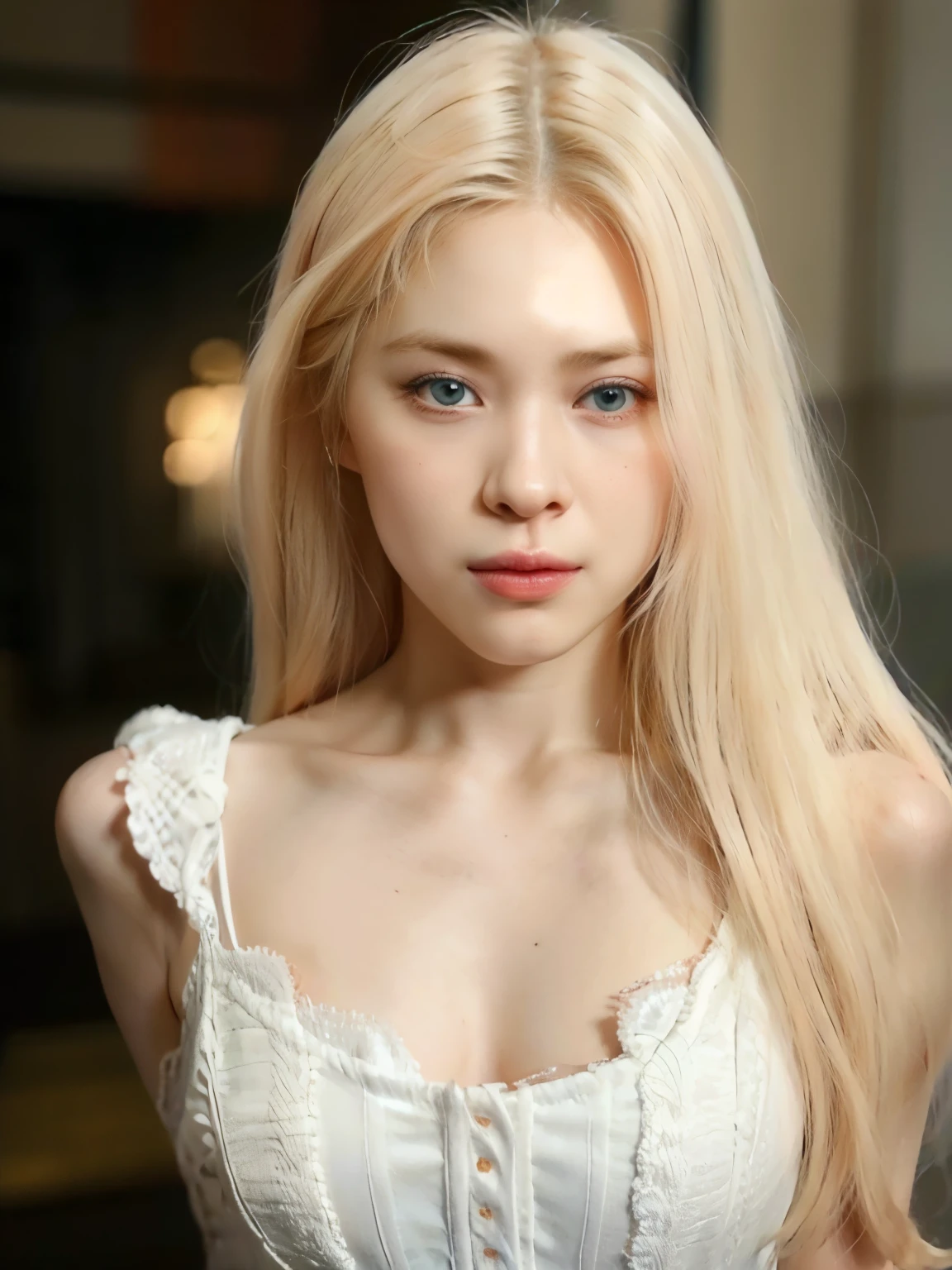 um close up de uma mulher com cabelos loiros usando um vestido branco, pale porcelain white skin, cabelo loiro muito claro, cabelo loiro extremamente claro, albino white skin pale, fair and pale skin!!, longos cabelos loiros e olhos grandes, skin pale as ivory, porcelain pale skin, very pale white skin, longos cabelos loiros e olhos grandes, very very pale white skin