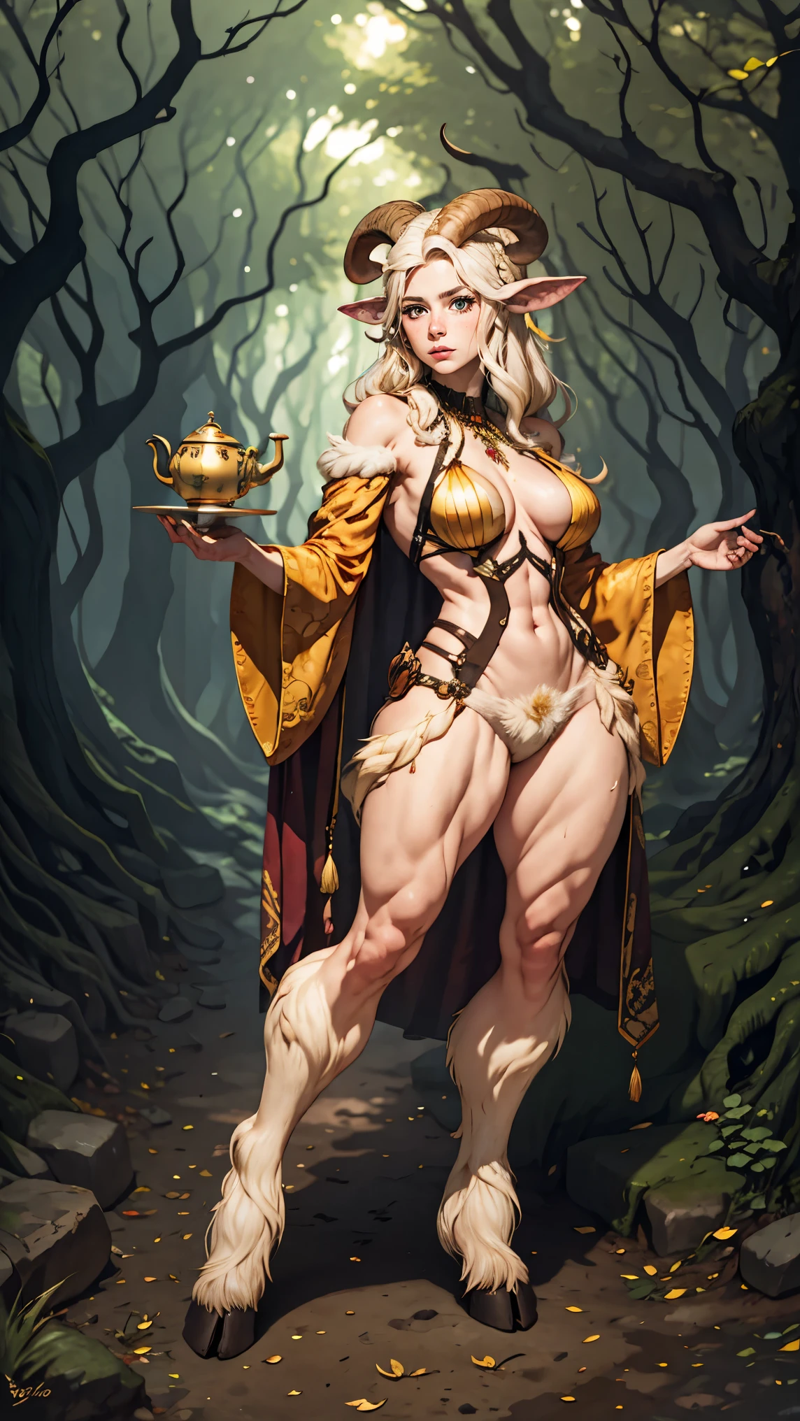 white hair,A faun female in the forest, satyr, woman, fantasy(masterpiece, best quality, photorealistic, detailed shiny skin:1.2), flawless, 8k, RAW, highres, (dark night:1.1), goat legs, furr legs, hooved, goat horns, beard, long black hair, looking at viewer, cinematic, dark background, medieval, muscles, open ches5, fantasy, (absurdes), attractive, long blonde hair, golden eyes, sexy,big tits,tea set
