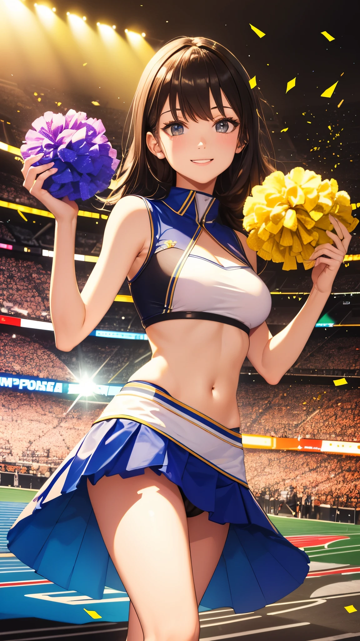 (highest quality:1.2), masterpiece, High resolution, perfect lighting, Lens flare, Cheerleader, jump, long hair, brunette hair, holding a pom pom, gush, Sleeveless with wide open chest, Brilliant, fine eyes,  Underwear fully visible skirt that bounces energetically, break ((colorful confetti)), stadium, nice, C cup breasts, sparkling, effect、Underwear fully visible、sexy、smile、extraordinary smile、cute、