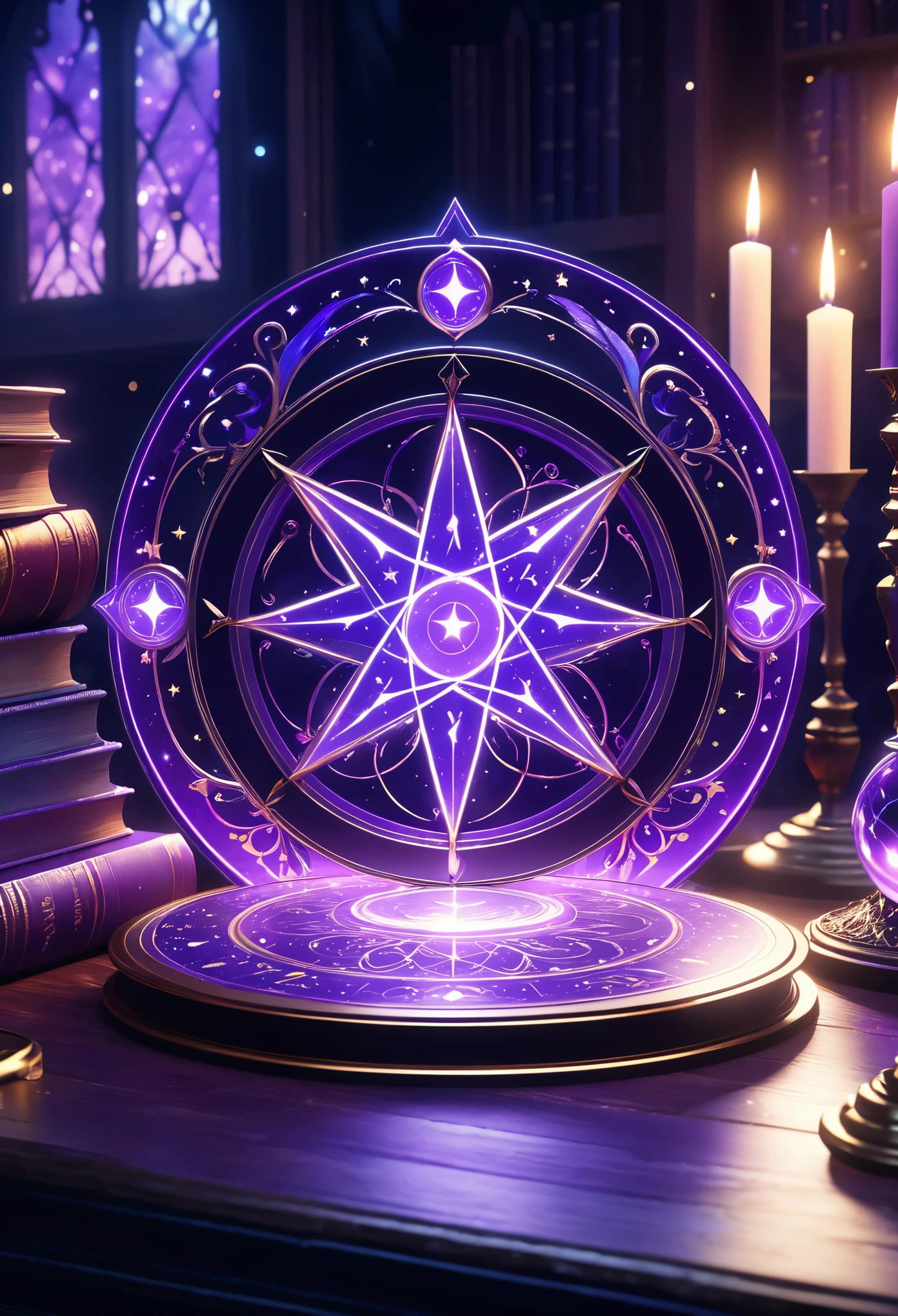 Magic circle, on desk, spell books, glowing, floating magic circle, purple, witchcraft, fantasy, anime, high detail, perspective, (low angle view, POV:1.7), Gothic art, reflection light, ray tracing, glowing light, sparkle, cinematic lighting, UHD, retina, masterpiece, ccurate, anatomically correct, super detail, high details, high quality, award winning, best quality, highres, 8k