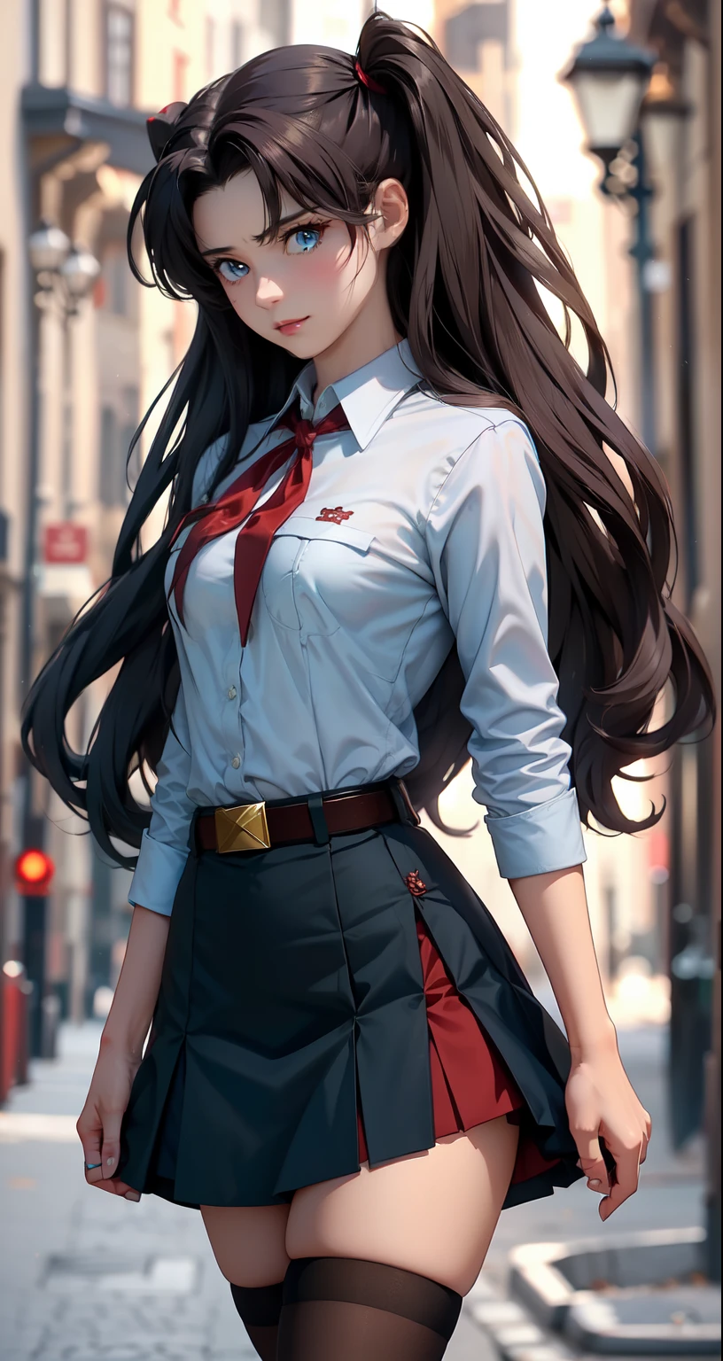 very young slim fit girl, full height, rounded face, (disheveled very long dark hair:1.4), ponytails, big blue eyes, shy smile, perfect medium breast, pioneer neckerchief, micro tight blue pleated skirt, bangs, tight white shirt, short sleeves, collared shirt, belt, red neckerchief, breast pocket, high black stockings, Rin Tohsaka