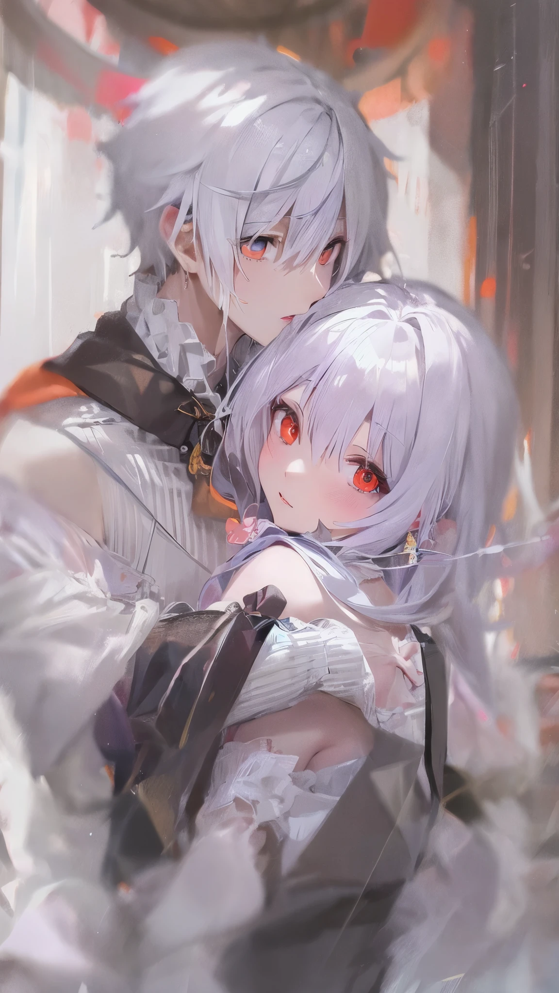 White haired boy with red eyes, hugs, white haired girl with orange eyes, elegant, in a medivial room, 