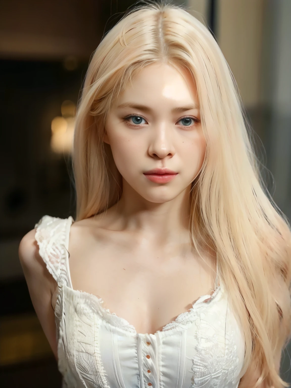 um close up de uma mulher com cabelos loiros usando um vestido branco, pale porcelain white skin, cabelo loiro muito claro, cabelo loiro extremamente claro, albino white skin pale, fair and pale skin!!, longos cabelos loiros e olhos grandes, skin pale as ivory, porcelain pale skin, very pale white skin, longos cabelos loiros e olhos grandes, very very pale white skin