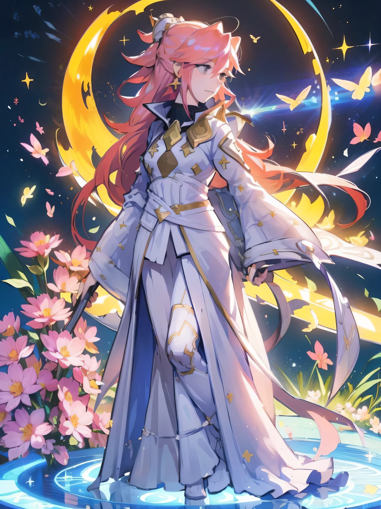 (Soleil de Fire Emblem en una llanura de flores.) (Elegant and white expression.) (cuerpo completo) (Alta calidad) (A pattern of moon and stars in the background) (mirando al horizonte)