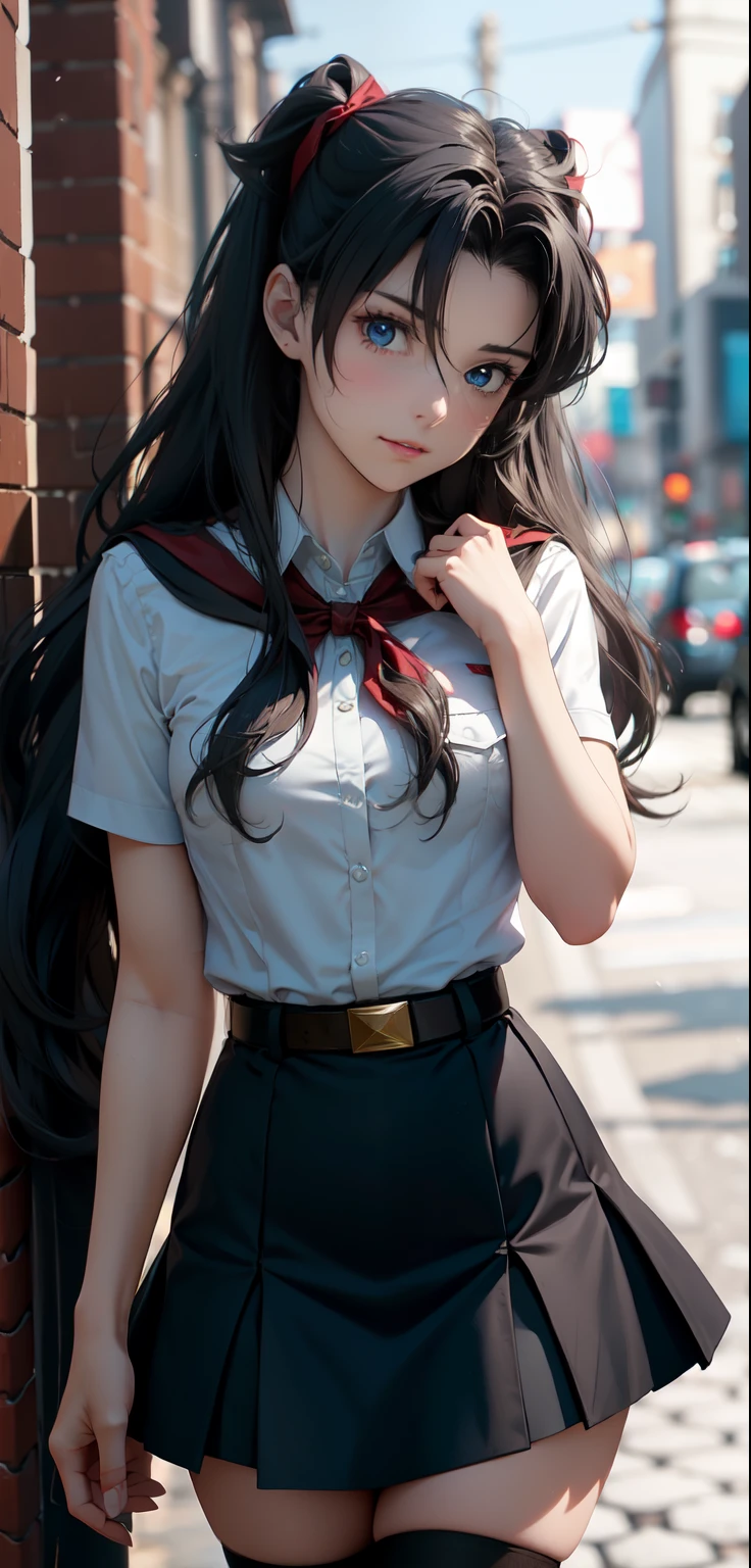 very young slim fit girl, full height, rounded face, (disheveled very long dark hair:1.4), ponytails, big blue eyes, shy smile, perfect medium breast, pioneer neckerchief, micro tight blue pleated skirt, bangs, tight white shirt, short sleeves, collared shirt, belt, red neckerchief, breast pocket, high black stockings, Rin Tohsaka