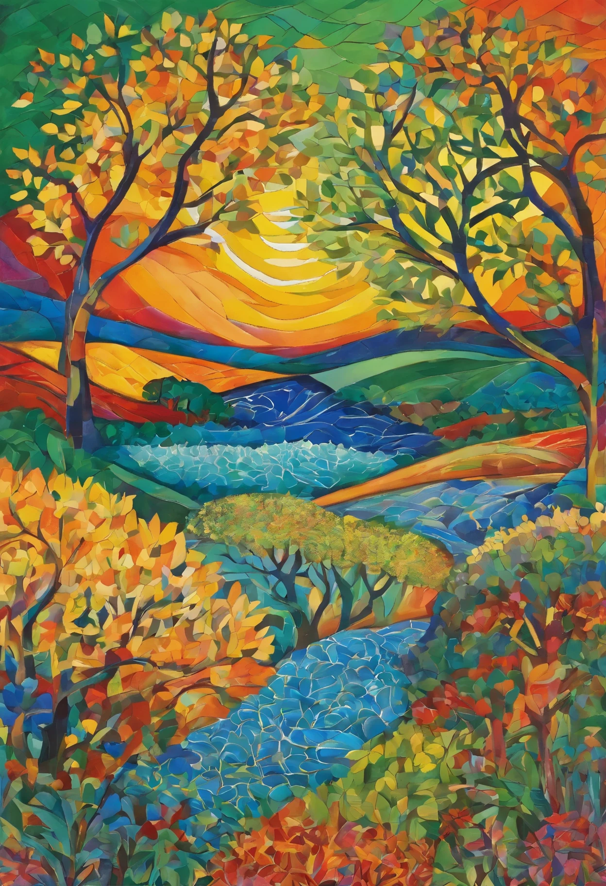 Matisse Art, Van Goh, Mujer, figura femenina, silueta graceful
Montañas ondulantes, crestas verdes
Olas de tierra, elevaciones serpenteantes
Cielo azul intenso, vibrant sky meandering river, winding valley watercourse, depression, ravine symphony of colors, chromatic harmony Leafy trees, copas exuberantes
Ramas abiertas, brazos acogedores
Flores multicolores, mosaico floral
Paisaje, escena natural, bucolic setting Joy, regocijo, happiness organic shapes, smooth curves Balanced composition, visual harmony Paper cuttings, cut gouache Colores vivos, paleta vibrante
Texturas variadas, patrones diversos
Simplicidad expresiva, minimalismo eloquente
Movimiento, dinamismo, contrast energy, chromatic opposition Rhythm, cadencia visual
Femenino, graceful, delicado
Naturaleza, entorno silvestre
Cumbres, picos, crestas
Ondas de tierra, earthly folds heavenly vault, firmamento
Corriente fluvial, aquatic channel Chromatic harmony, symphony of colors lush greenery, frondosidad
Ramas abrazadoras, acogida natural 