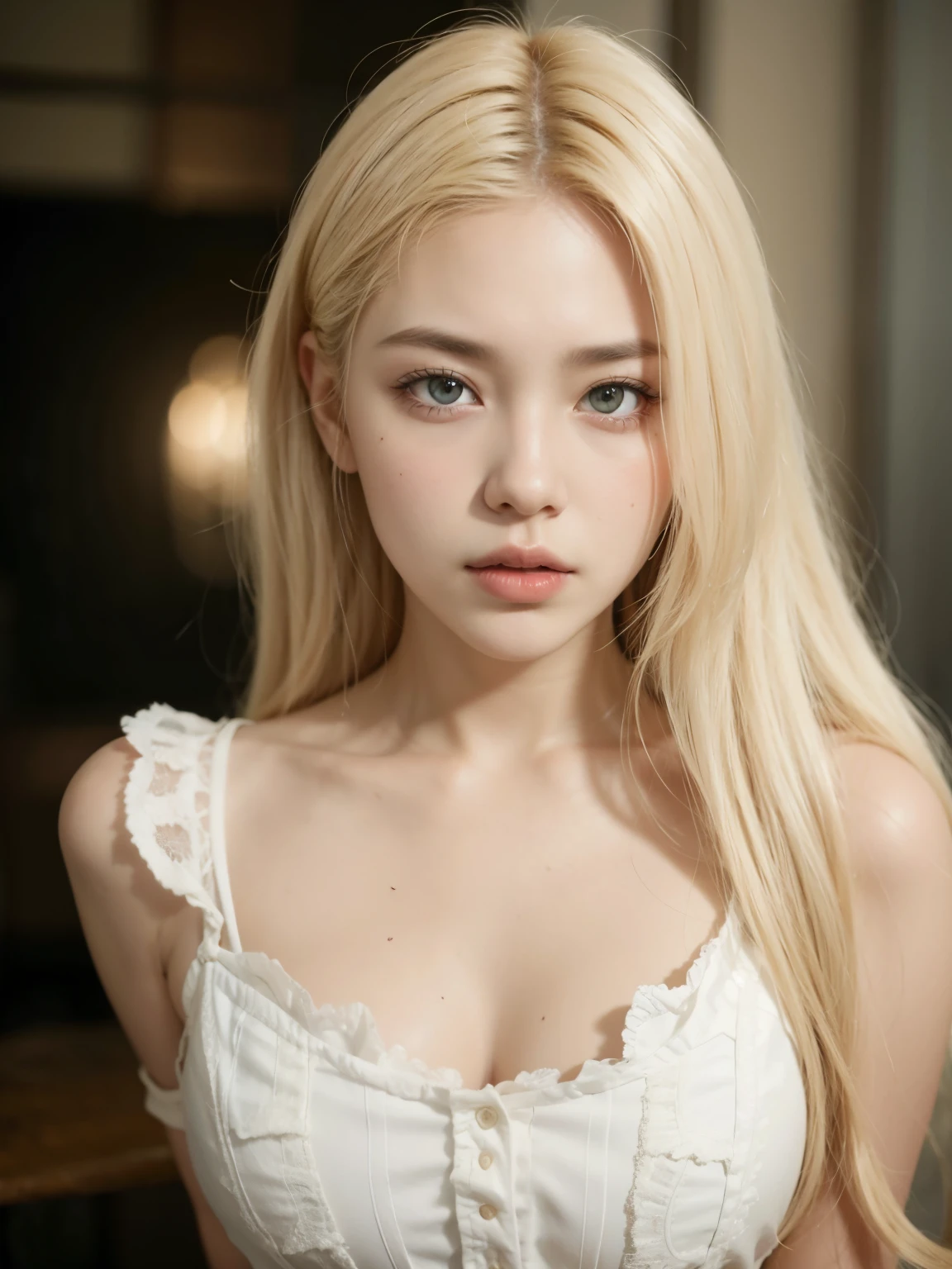 The world's most beautiful white girl in Scandinavia、Shiny super beautiful super long silky straight blonde、Beautiful pale blue eyes、Small face beauty、Too cute 、Pure white beautiful skin、Oily cheek luster、full body view, cowboy shot, full body nudist, big breast.