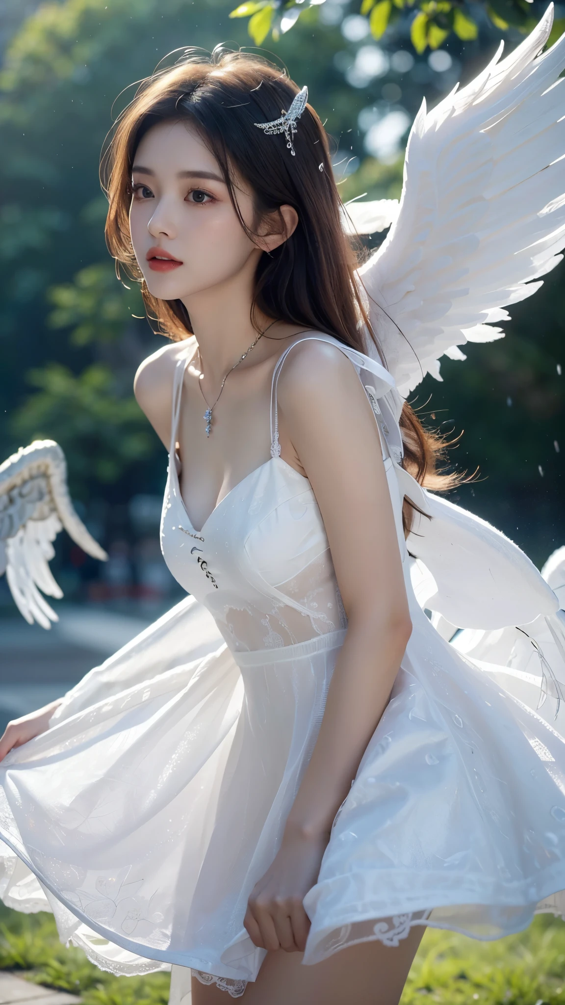 8k ultra hd, mastermiece, a girl, (good face:1.4), detailed, eyes, beautiful lips, very hong hair, spreading hair, small curve breasts, (angel dress:1.5), (white dress:1.5), necklace, wings, in the park, flying birds, glowing:1.5, rainy weather,