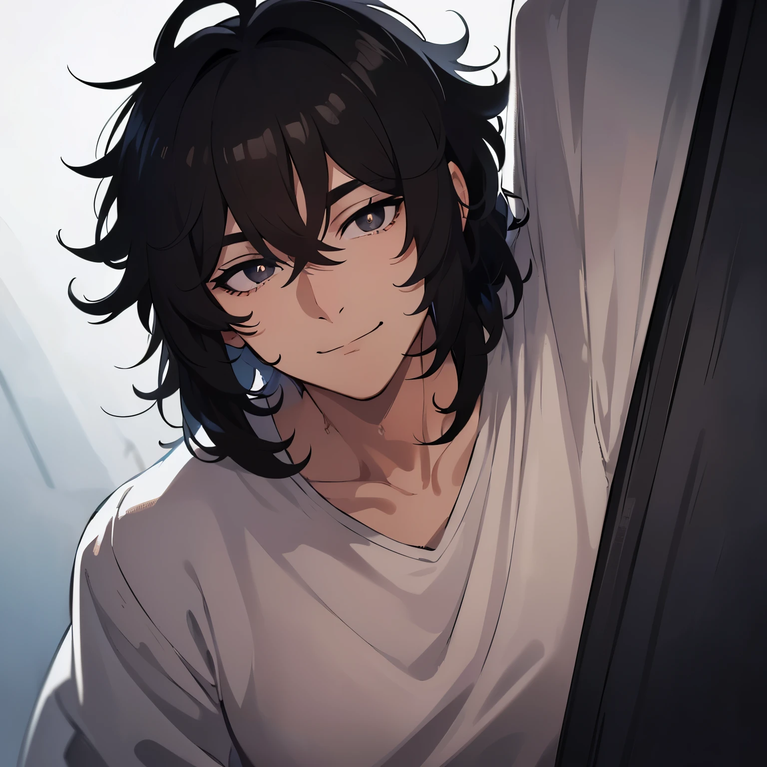 1 man, handsome, masculine, adult man, broad shoulders, close-up of face, ((black hair on chin)), portrait, smiling, looking at viewer, ((lazy eyes, between eyelids, bags under eyes, black eyes with white pupils)),((black hair, medium length hair, shaggy hairstyle, messy hair)),