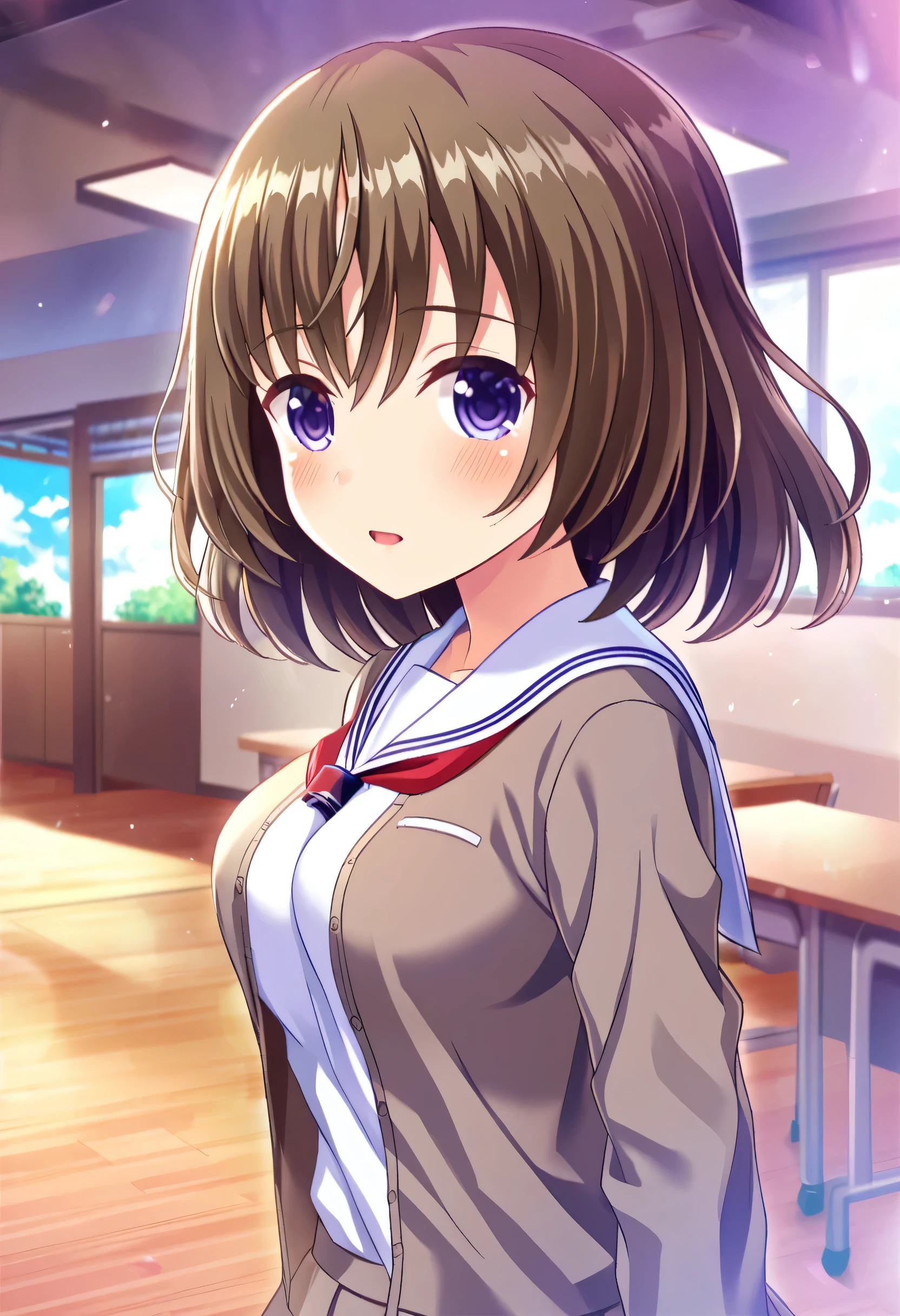 (masterpiece, highest quality), 1 girl, (ALGL:1), (ALGLNono, Nono:1.5), (Nono hair:1), (Nono eyes:1), chest, medium chest, large chest, school uniform, serafuku, Are standing, looking at the viewer, Upper body, classroom